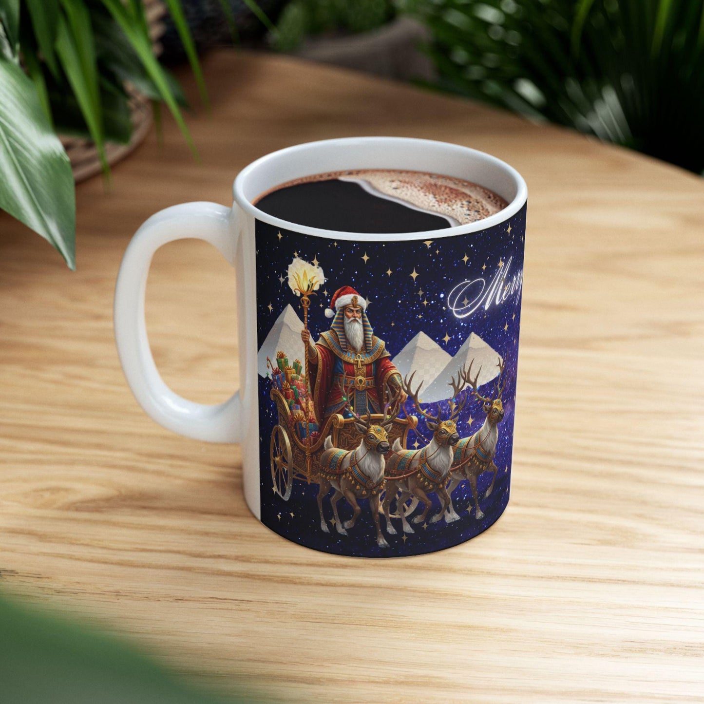 Egyptian Christmas Mug - Anubis Santa Sphinx Holiday Cup - Unique Pharaoh Christmas GiftMerry Sleigh Night reindeer sleigh Mug | Christmas