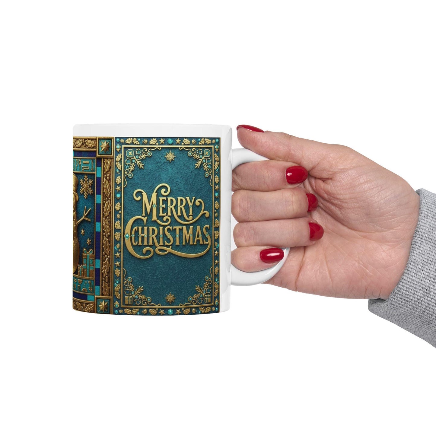 Gold Snowman and Christmas Tree Mug | Blue Vintage Holiday Ceramic Mug with Egyptian Blue & Pharaonic Accents