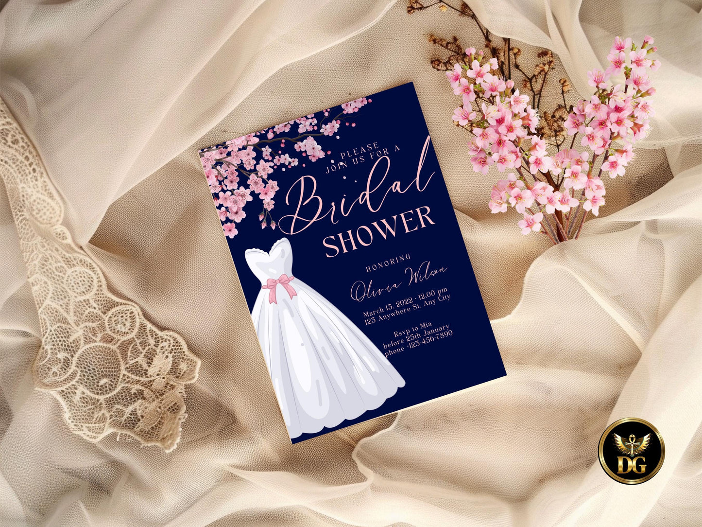 Dusty Rose Bridal Shower Invitation: Cherry Blossom, Navy Digital Template Printable Invitation Template Editable Canva Instant Download