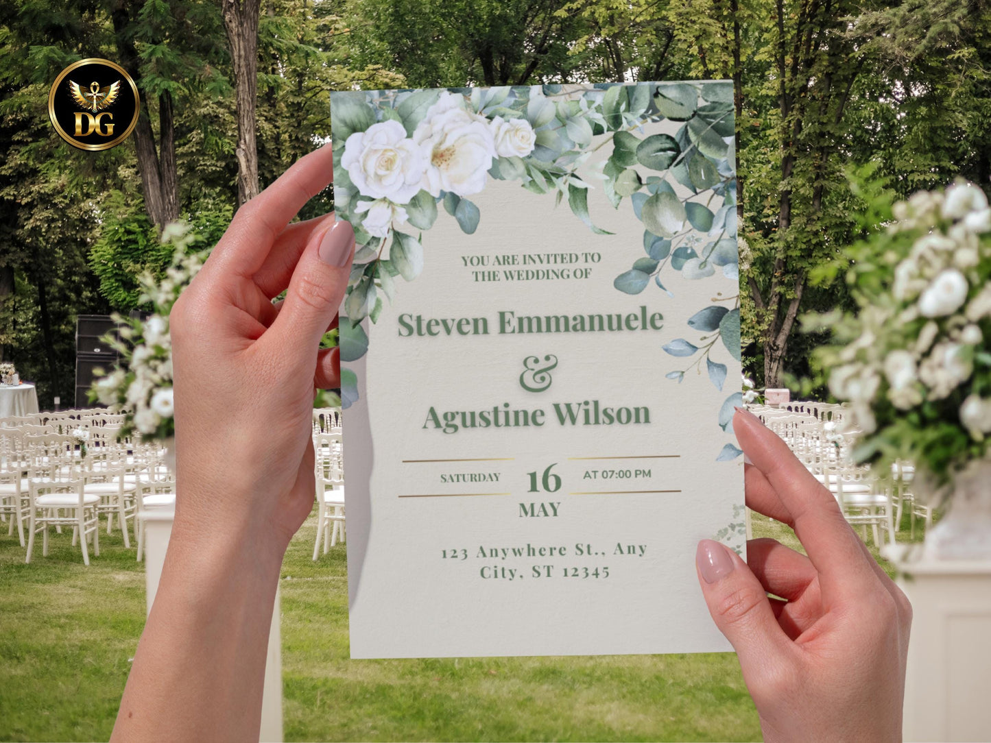 White Floral Wedding Invitation Suite: Eucalyptus Greenery (Digital Download) Printable Invitation Template Editable Canva Instant Download