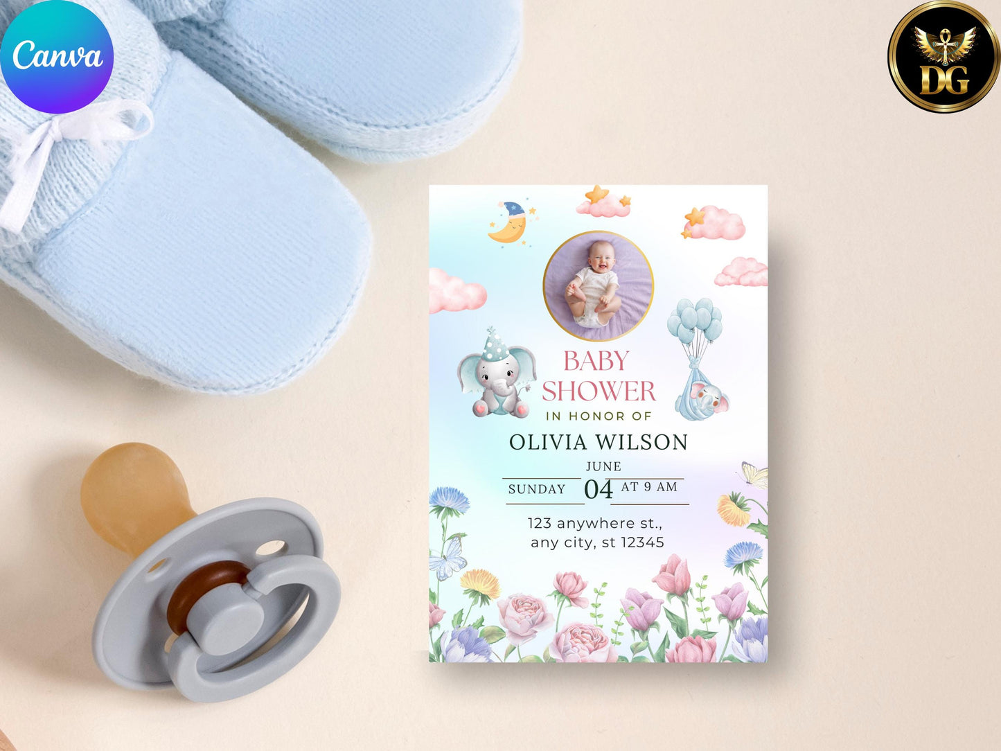 Floral Elephant Baby Shower Invitation:Editable Photo Template Digital Download Printable Invitation Template Editable Canva InstantDownload