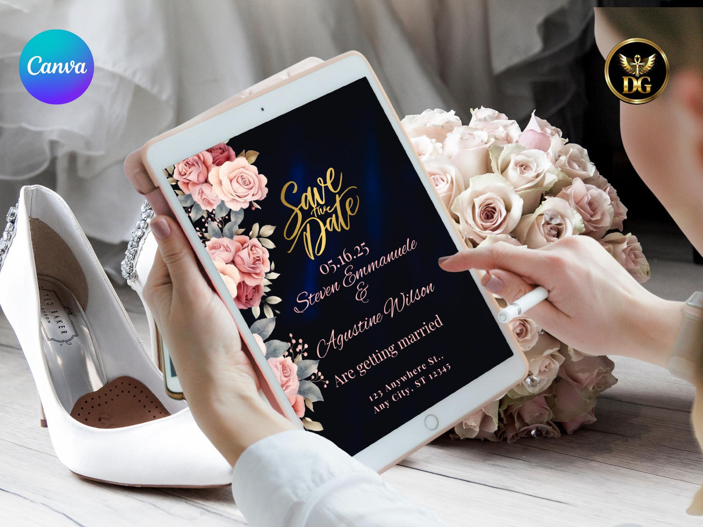 Elegant Pink Rose Wedding Invitation Suite Gold Velvet Navy (Digital Download)Printable Invitation Template Editable Canva Instant Download