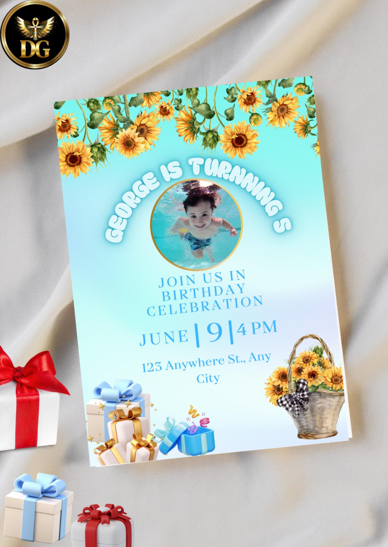 Custom Sunflower Photo Birthday Invitation Cheerful Kids Party Digital Download Printable Invitation Template Editable Canva InstantDownload