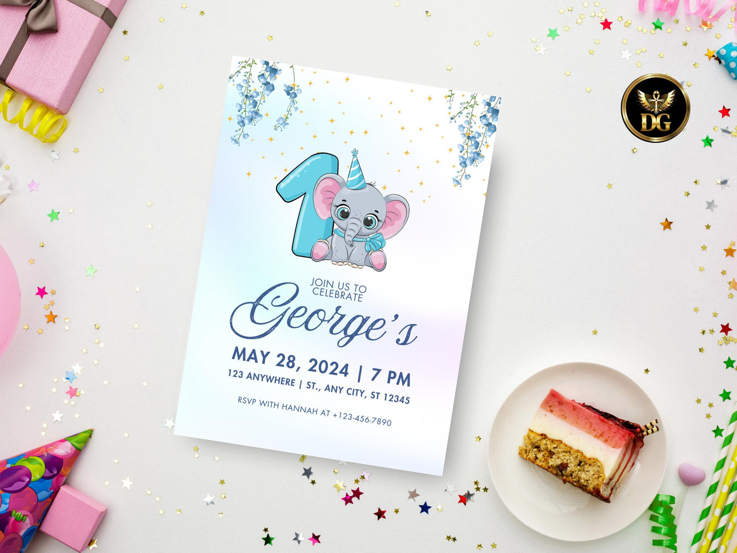 Elephant 1st Birthday Invitation: Blue Party Invite Template Digital Download Printable Invitation Template Editable Canva Instant Download