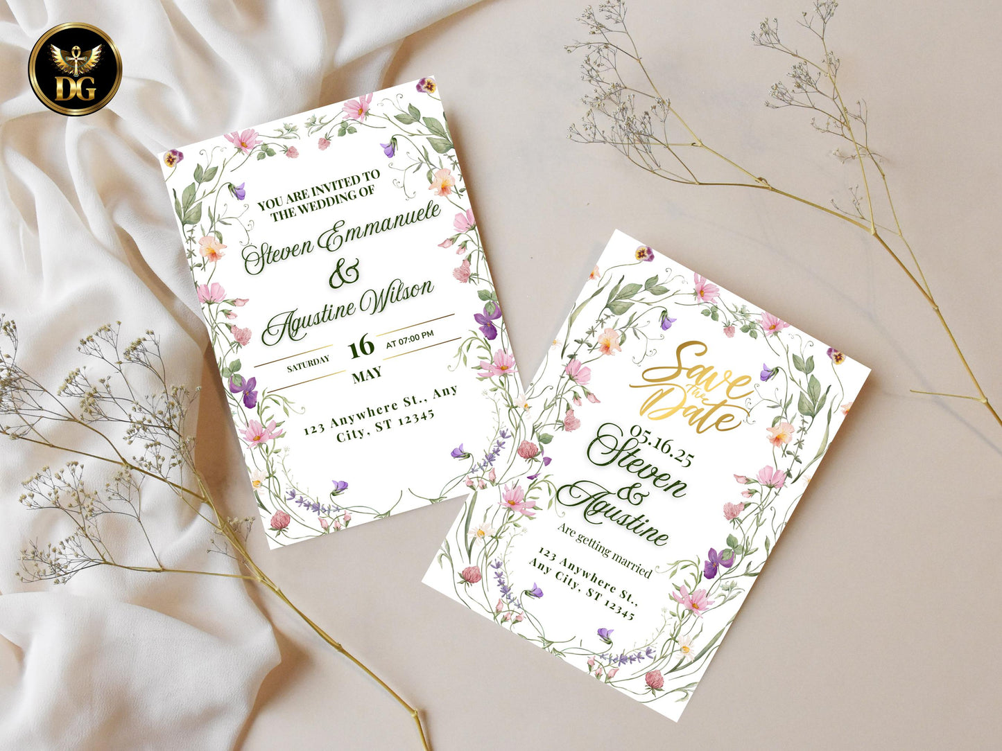 Floral Boho Wedding Invitation Suite Printable Save the Date Invite Menu, RSVP Digital Download Printable Invitation Template Editable Canva