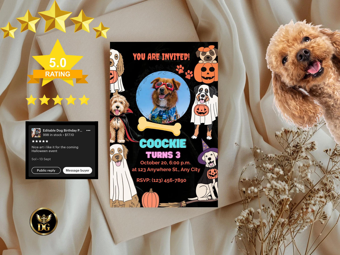 Editable Dog Birthday Pawty Invitation Halloween Pet Photo Template Digital Download Printable Invitation Template Editable Instant Download