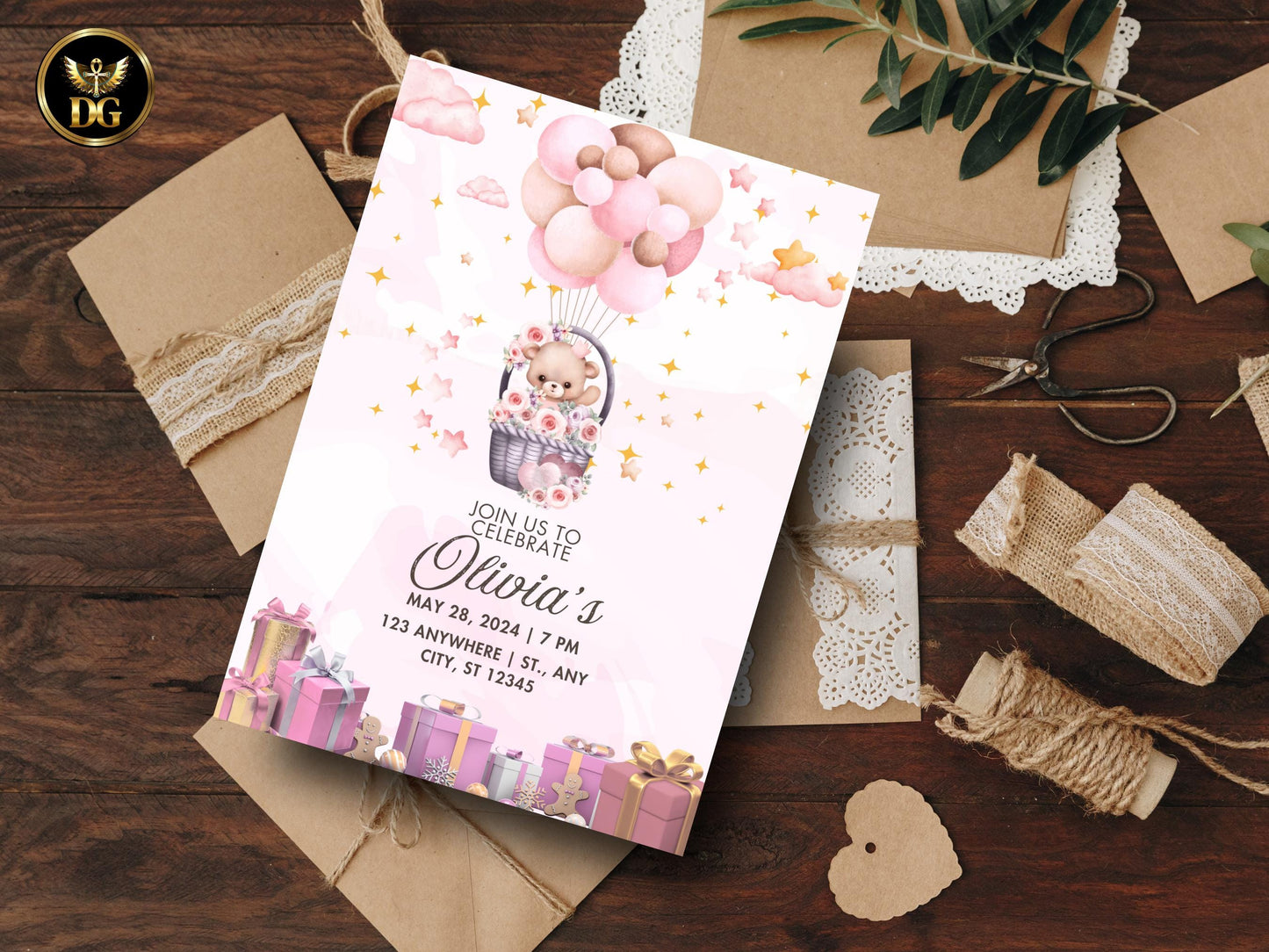 Pink Teddy Bear Birthday Invitation Editable Girl's First Birthday Digital Template Printable Template Editable Canva Instant Download