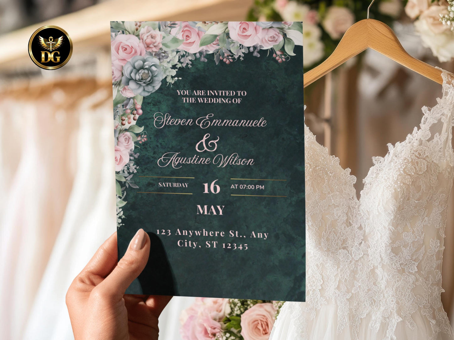 Emerald Green Floral Wedding Invitation Suite (Digital Download) Printable Invitation Template Editable Canva Instant Download