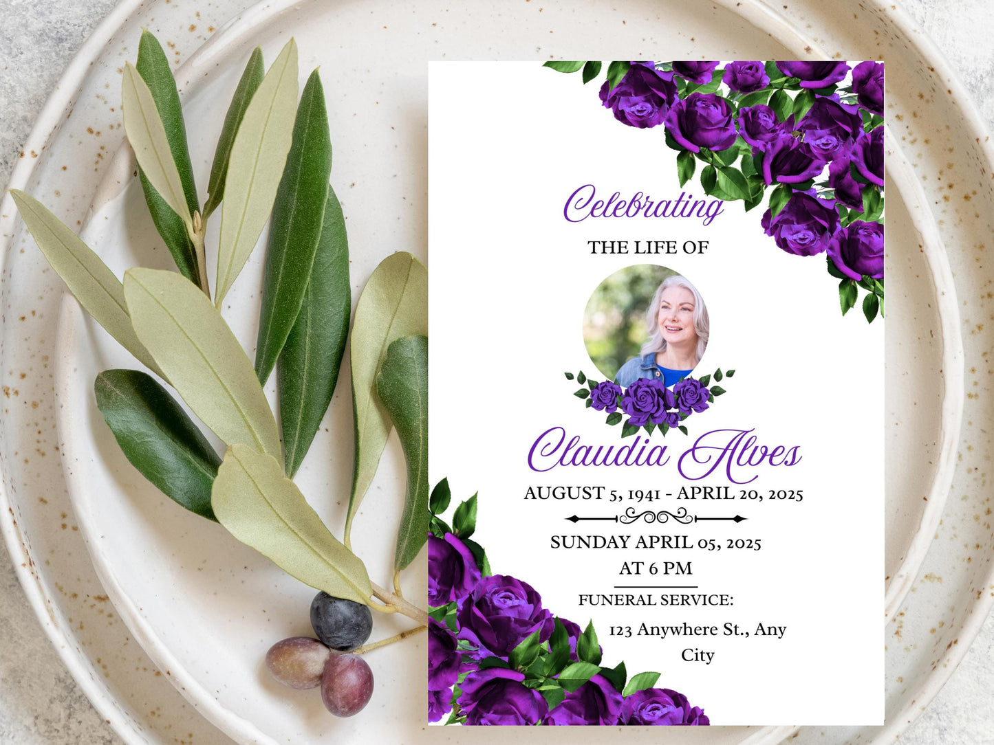 Purple Roses Memorial Invitation Elegant Celebration of Life Template(Digital Download, Canva Template)Printable Invitation TemplateEditable
