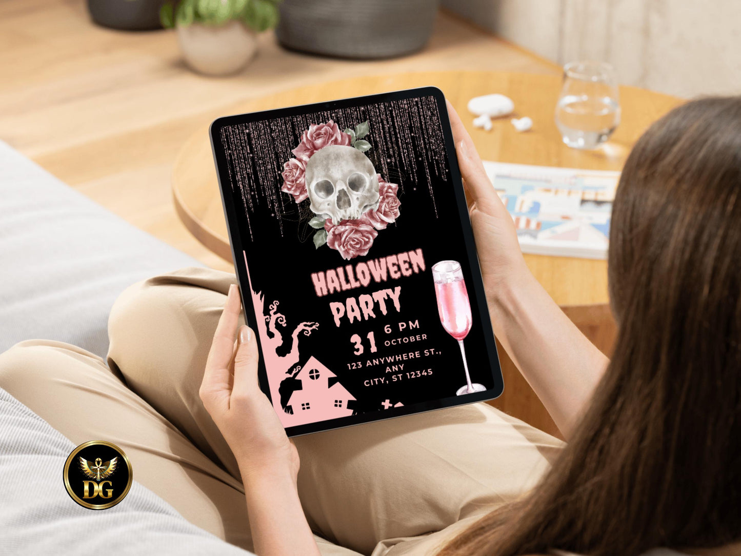 Halloween Party Invitation Pink Skull Gothic Glam Halloween Invite Glitter Glass Printable Invitation Template Editable Instant Download