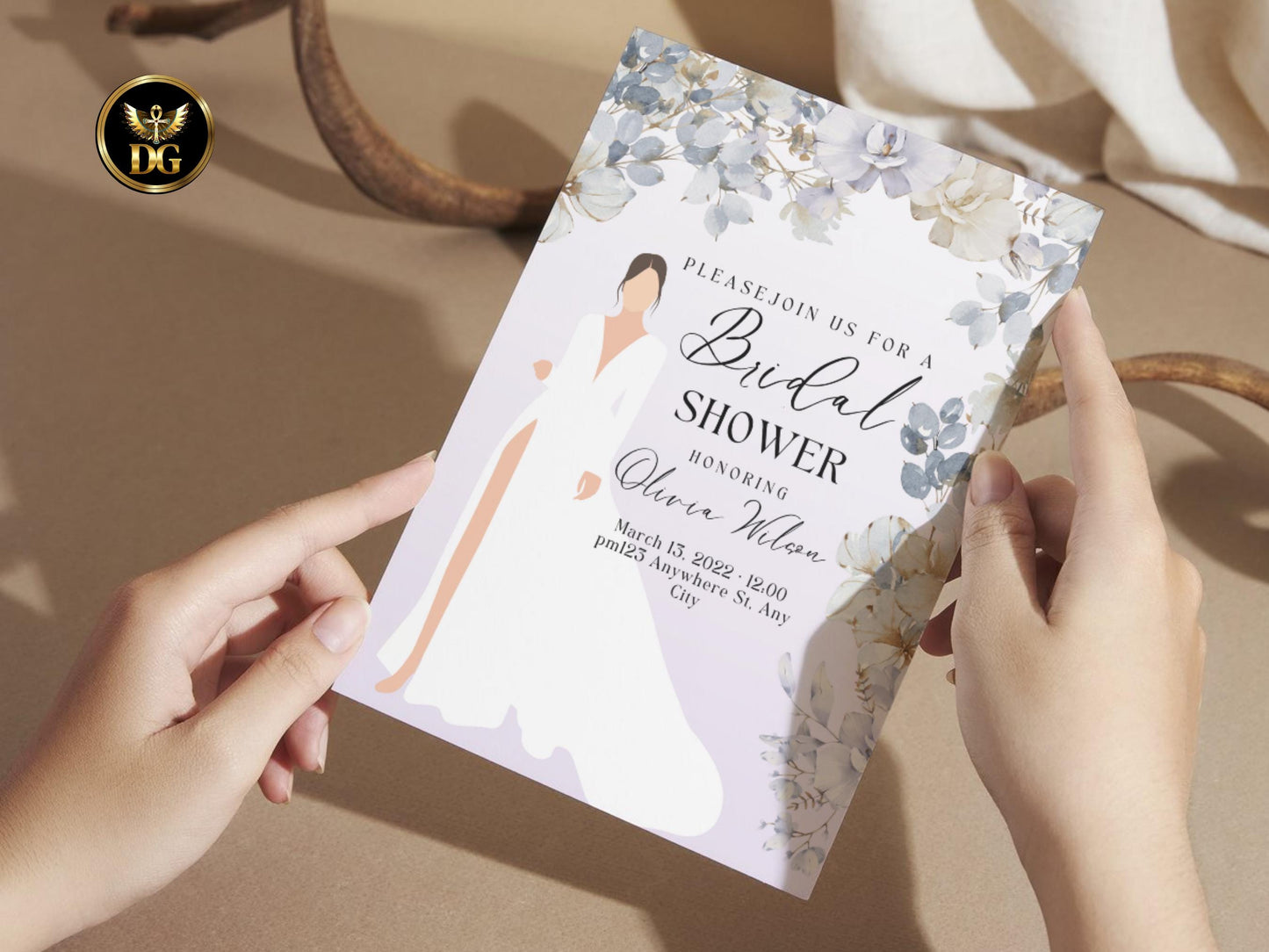 Bridal Shower Invitation Set | Elegant Bride in White Dress | Mauve Floral Wedding Shower Bundle | Printable Editable Template