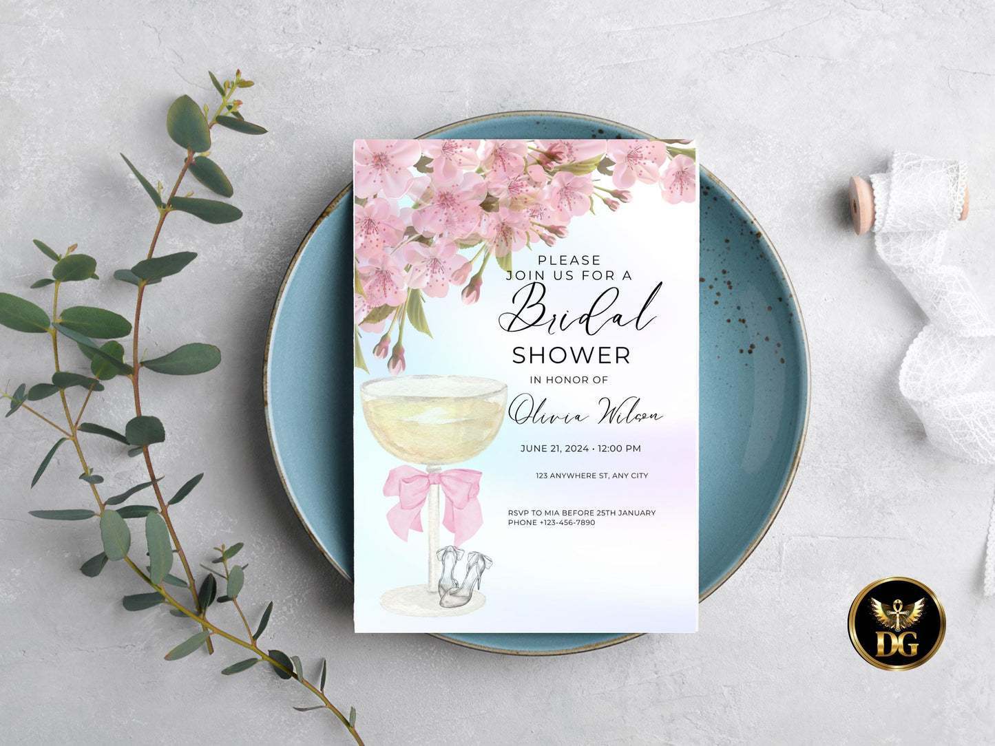 Bridal Shower Invitation Cherry Blossom: Pink Champagne, Editable Template Printable Invitation Template Editable Canva Instant Download