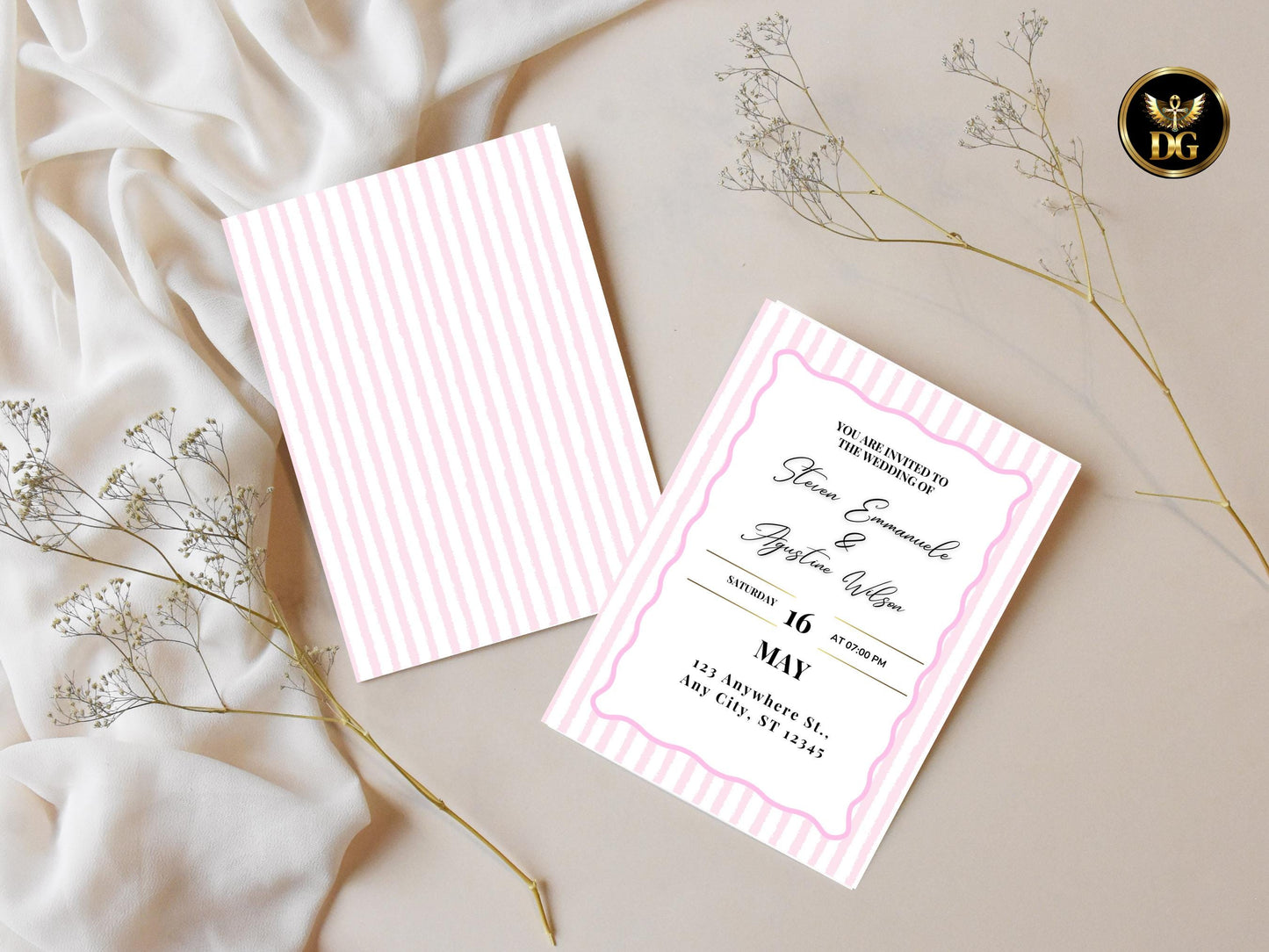 Blush Pink Wedding Invitation Suite, Editable Canva Template with RSVP & Details Card, Elegant Printable Invite Set
