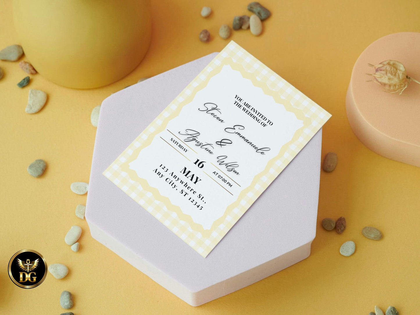 Yellow Plaid Wedding Invitation Suite | Minimalist Checkered Wedding Template with RSVP & Details | Printable Digital Download