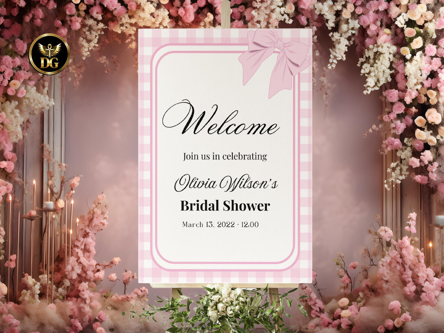 Pink Bow Bridal Shower Welcome Sign, Printable Bridal Shower Sign, Editable Canva Template, Modern Bridal Shower Decor