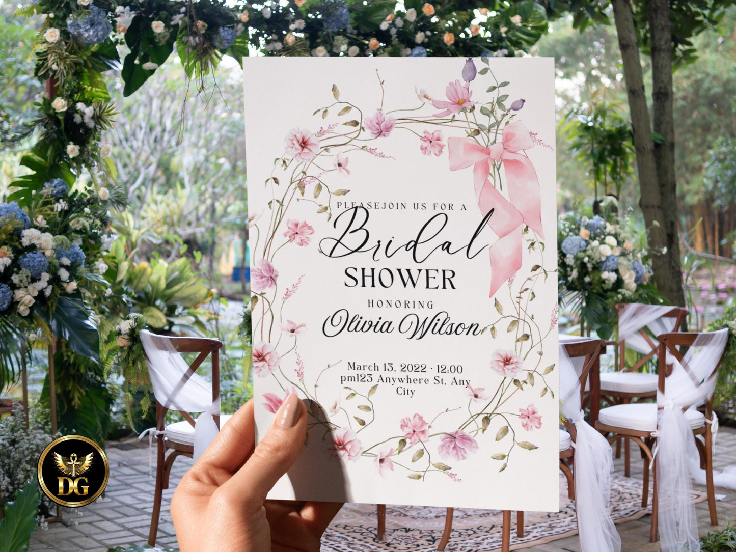 Bridal Shower Invitation | Elegant Pink Floral Frame with Bow RSVP & Details Card Set Printable Wedding Shower Invitation Editable Template