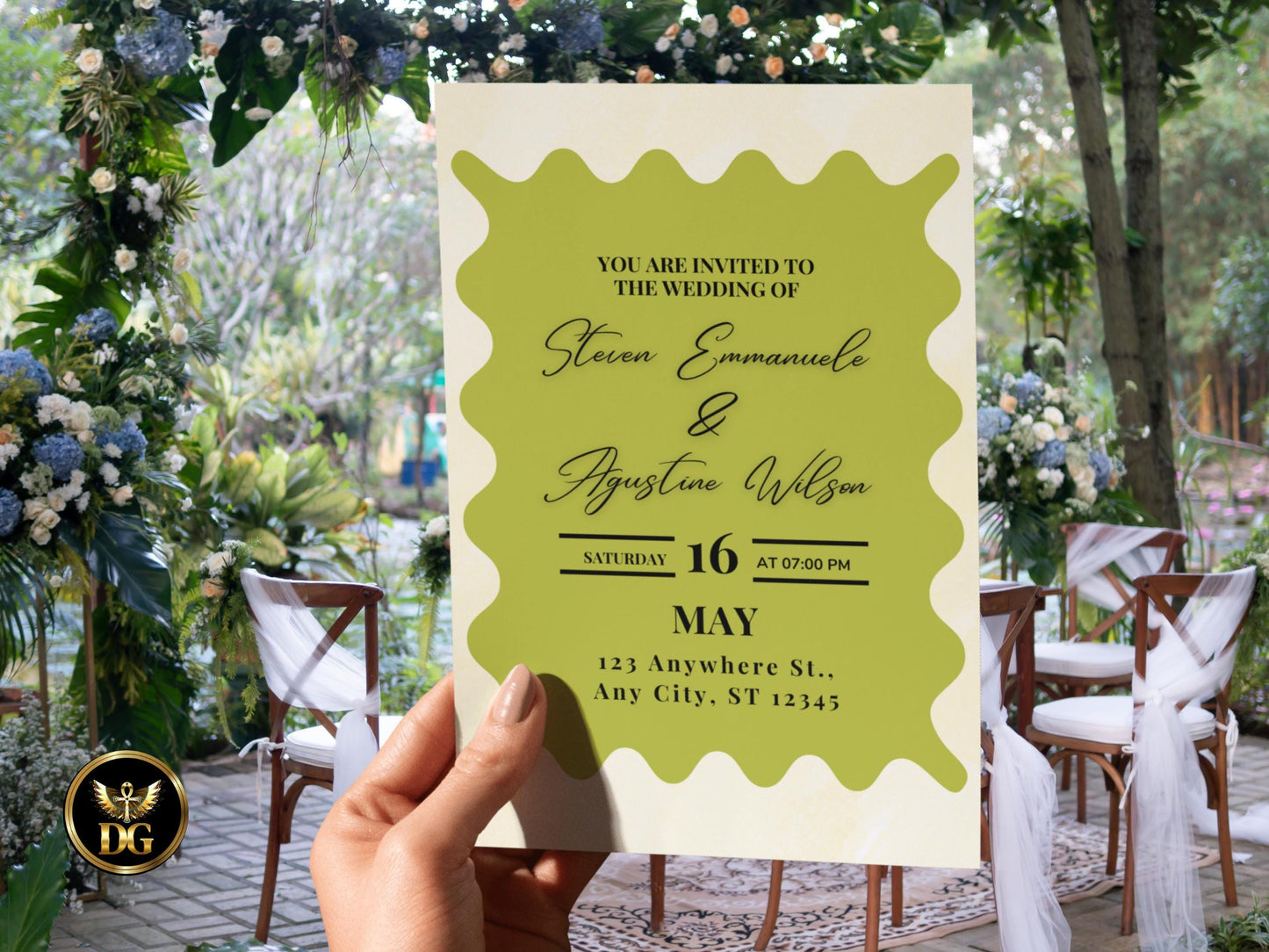 Elegant Green Wave Wedding Invitation, Editable Canva, RSVP & Details Set