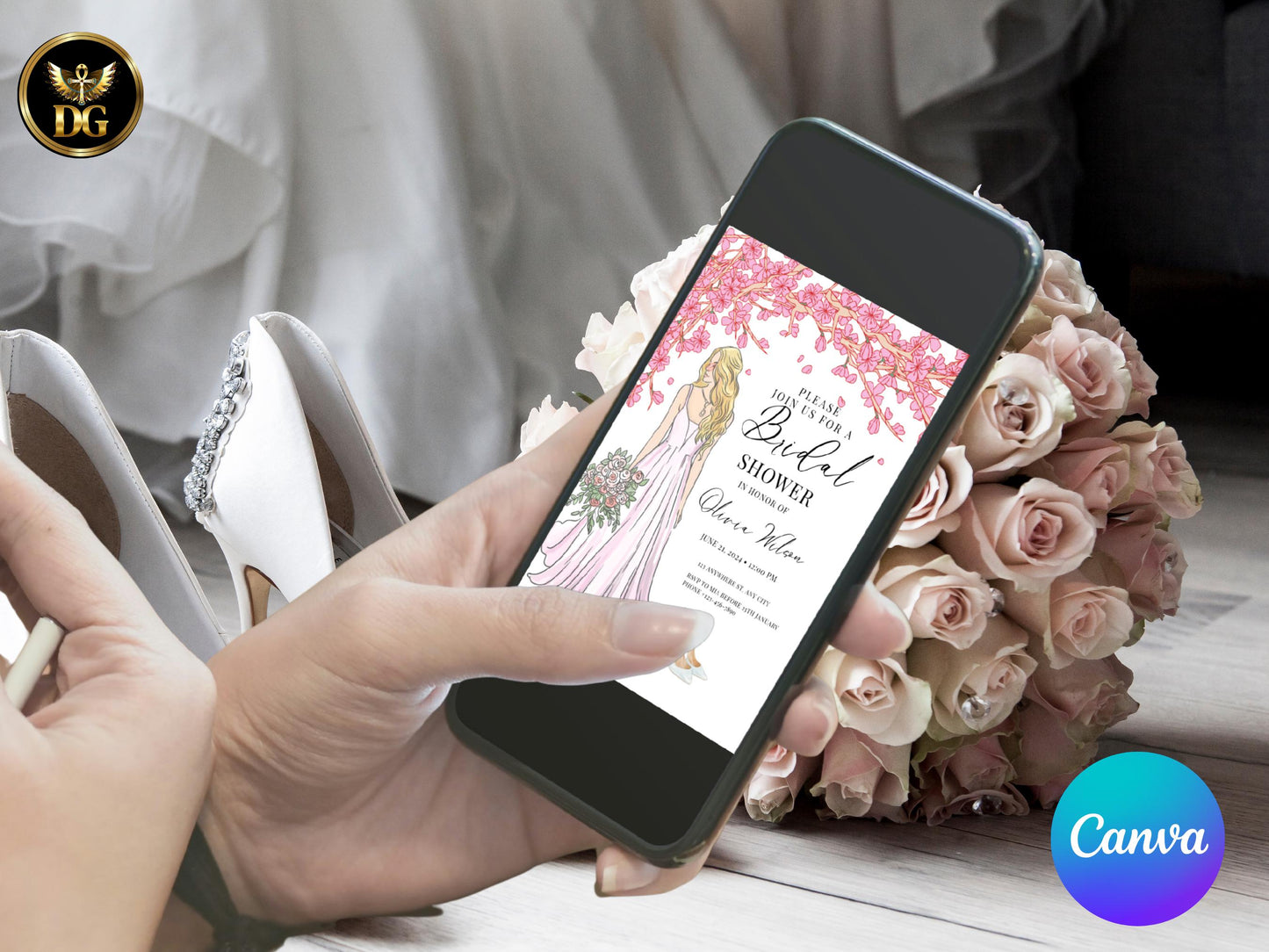 Elegant Bridal Shower Invitation Suite Template - Pink Cherry Blossom, Gold Accents, Editable Digital Download Printable Invitation Template