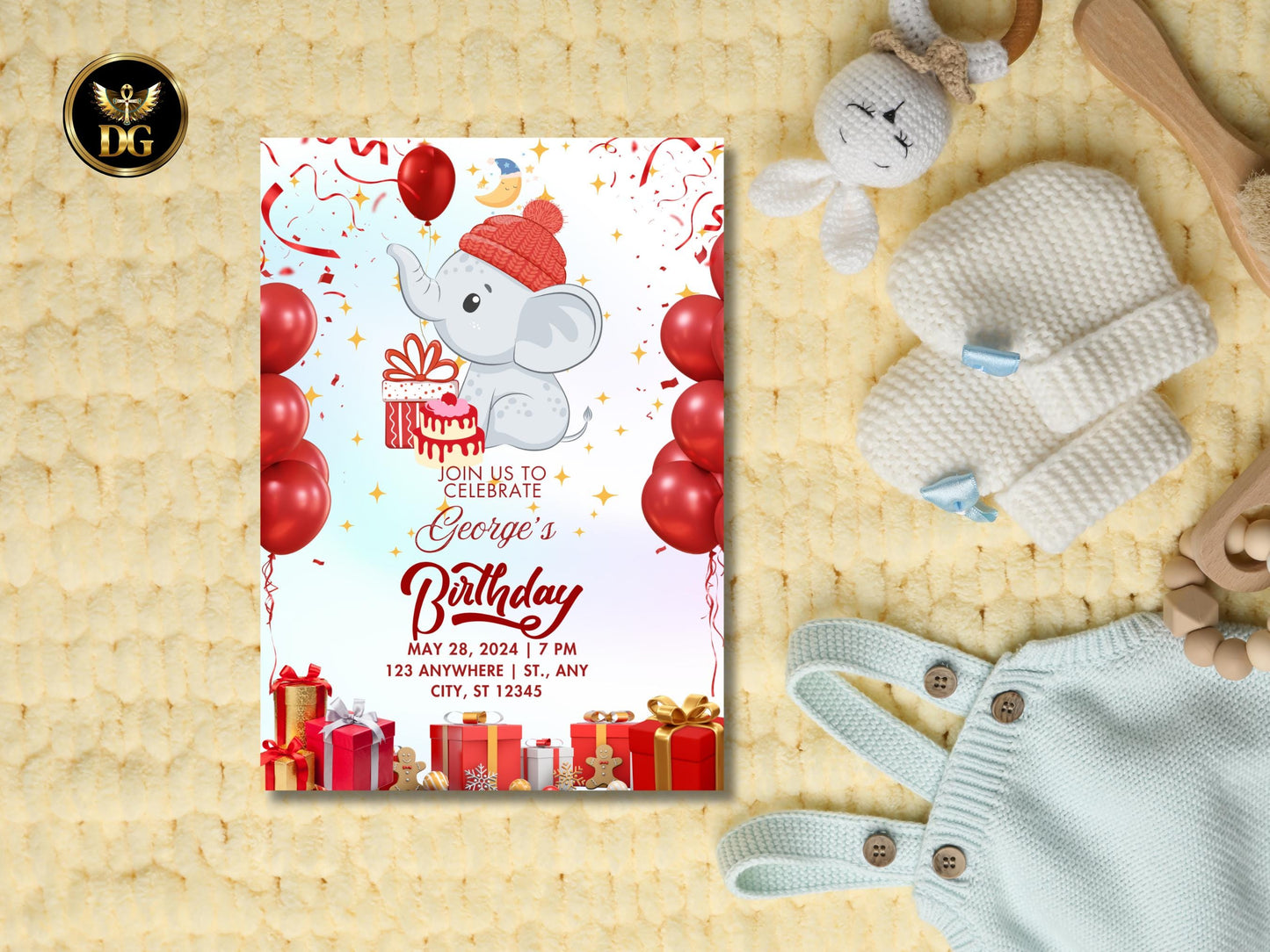 Editable Elephant Birthday Invitation | Cute Kids Party Invite | Red Balloon Theme | Canva Template | Instant Download