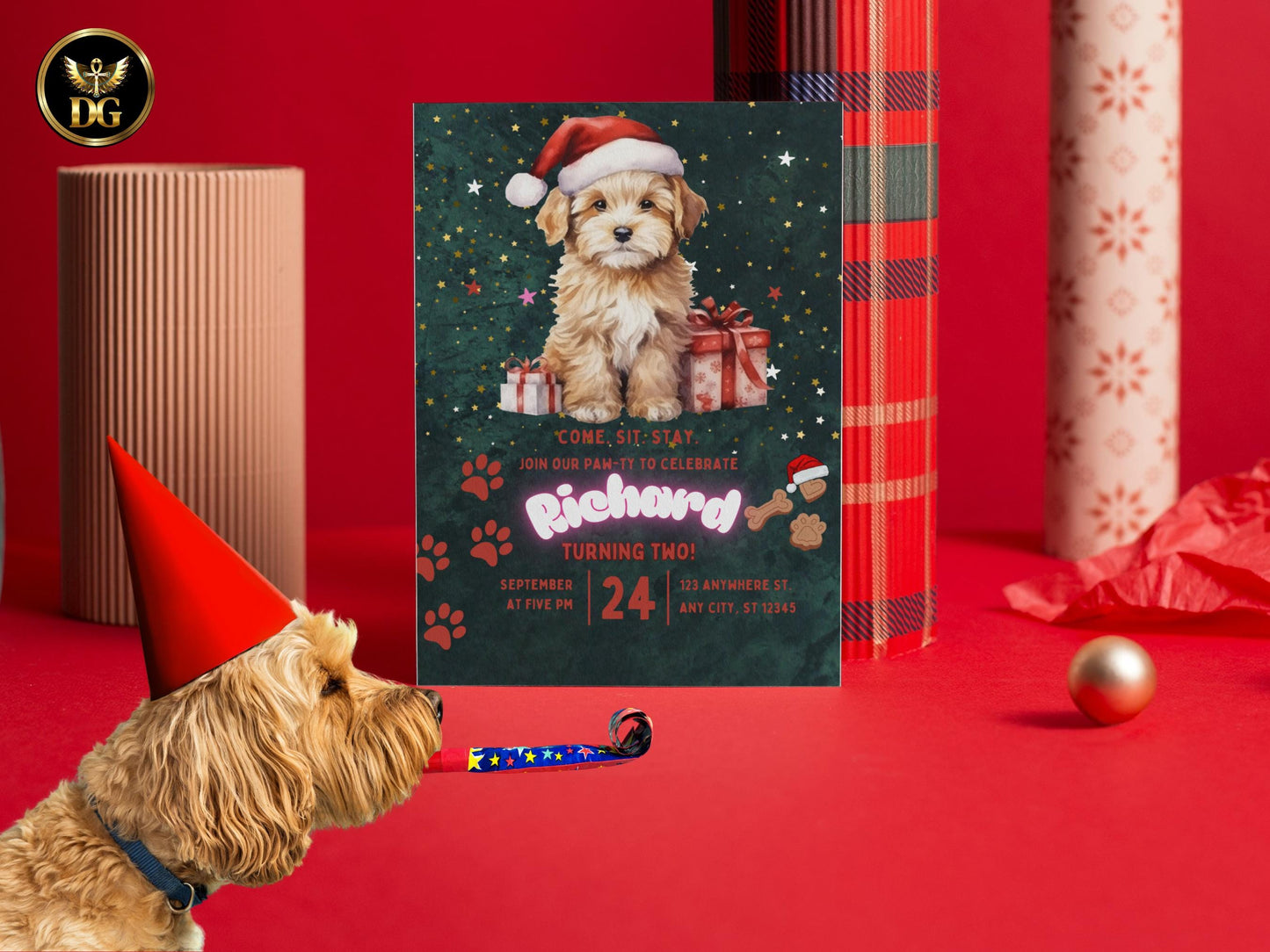 Puppy Birthday Invitation | Christmas Dog Birthday Party Invite | Editable Canva Template | Pet Theme Kids Birthday Card | Instant Download