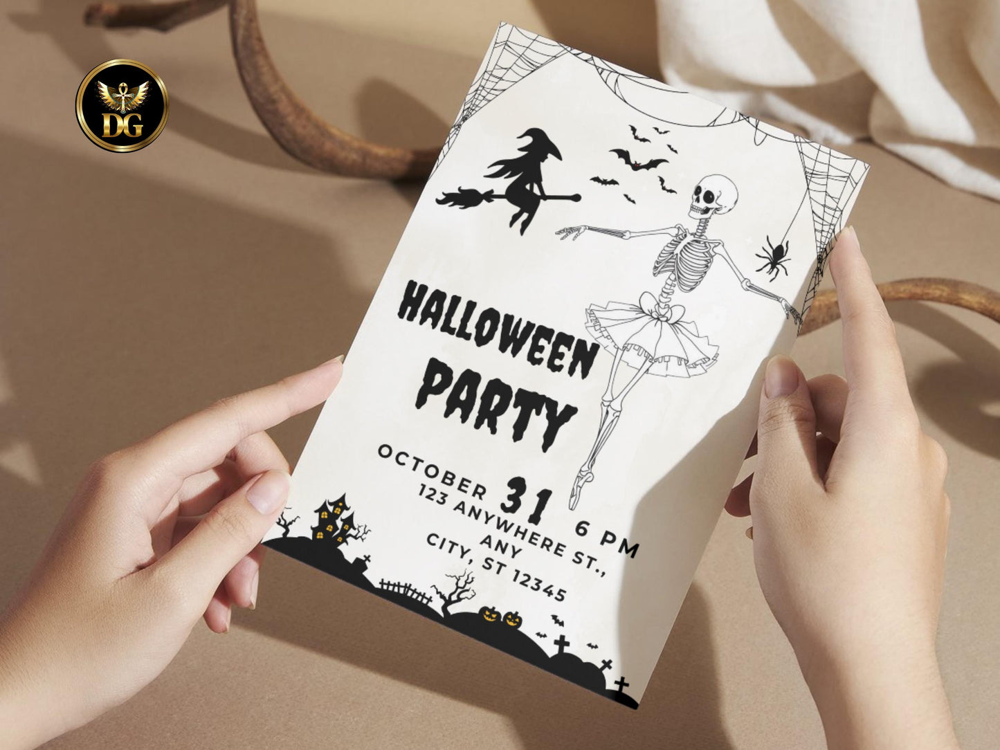 Spooky Halloween Party Invitation | Elegant Skeleton Dancer Digital Printable Printable Invitation Template Editable Canva Instant Download