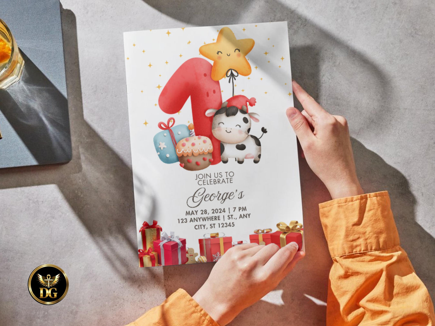 Cute Cow 1st Birthday Invitation Printable Digital Download Blue Gold Printable Invitation Template Editable Canva Instant Download