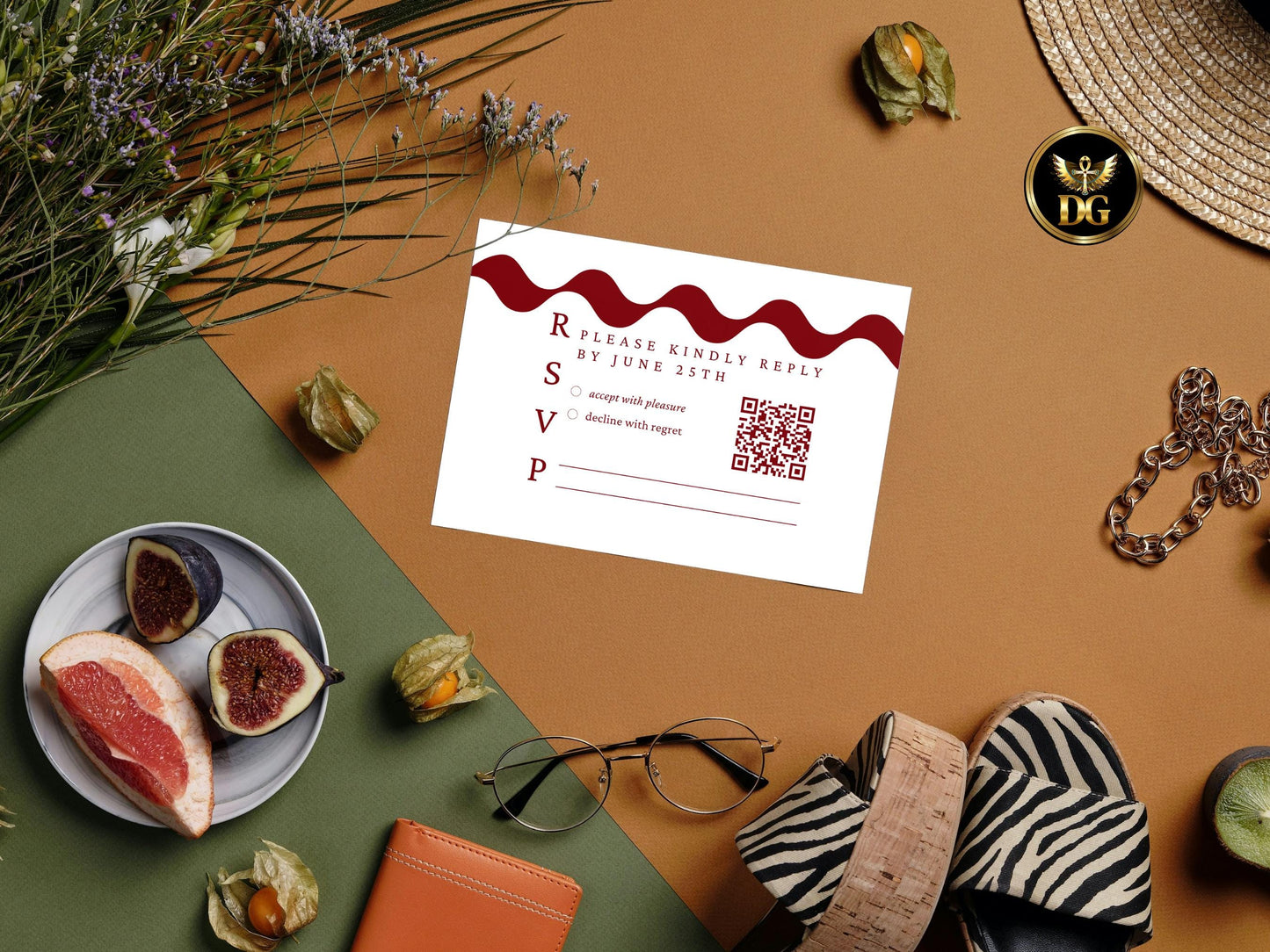 Elegant White Wedding Invitation Suite with Red Wavy Accent | Editable RSVP, Details & Invite | Modern Trendy Wedding Stationery