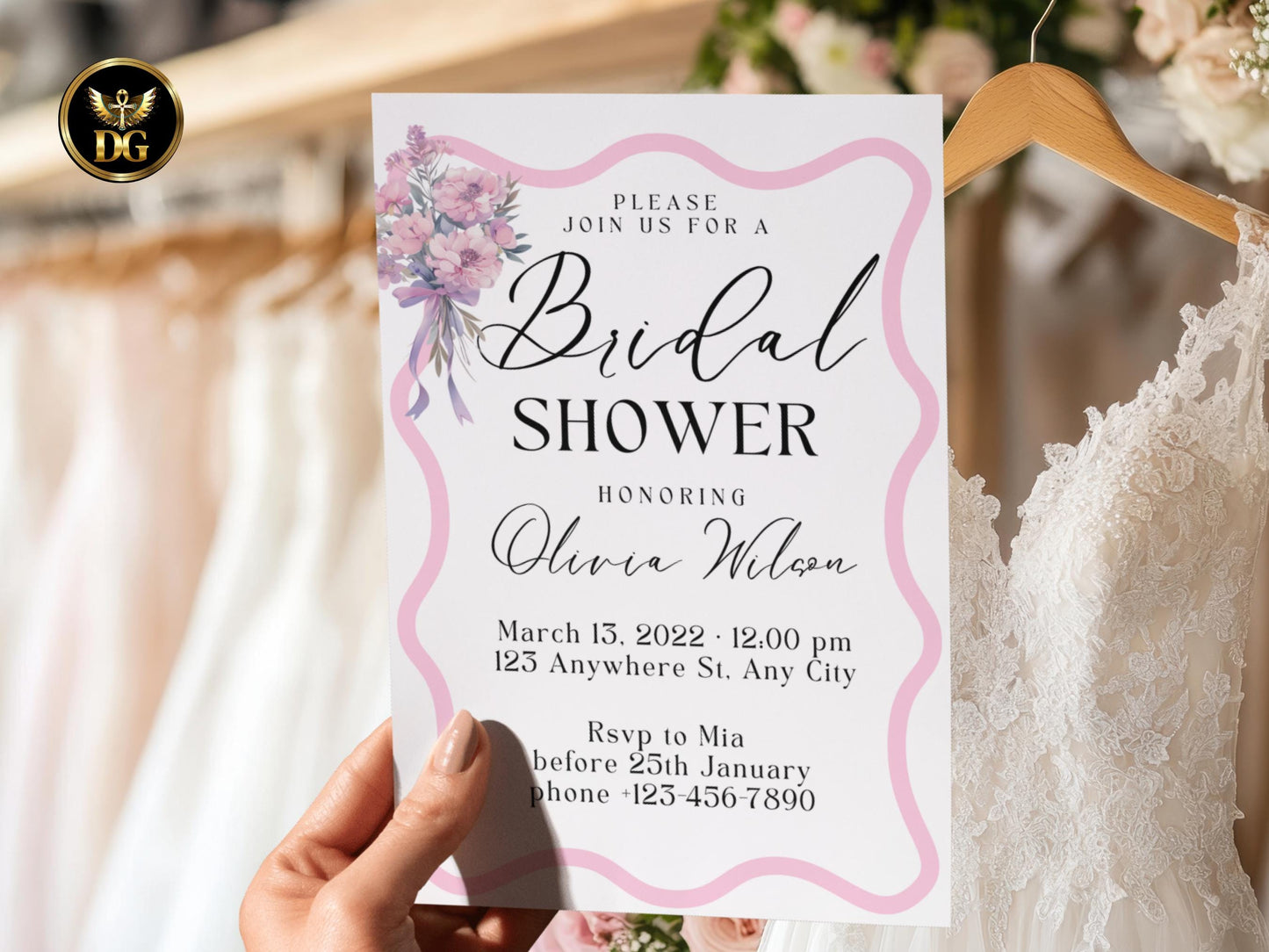 Modern Pink Bridal Shower Invitation Bundle, Editable Canva Template with RSVP & Details, Beige Gold Background, Digital Download