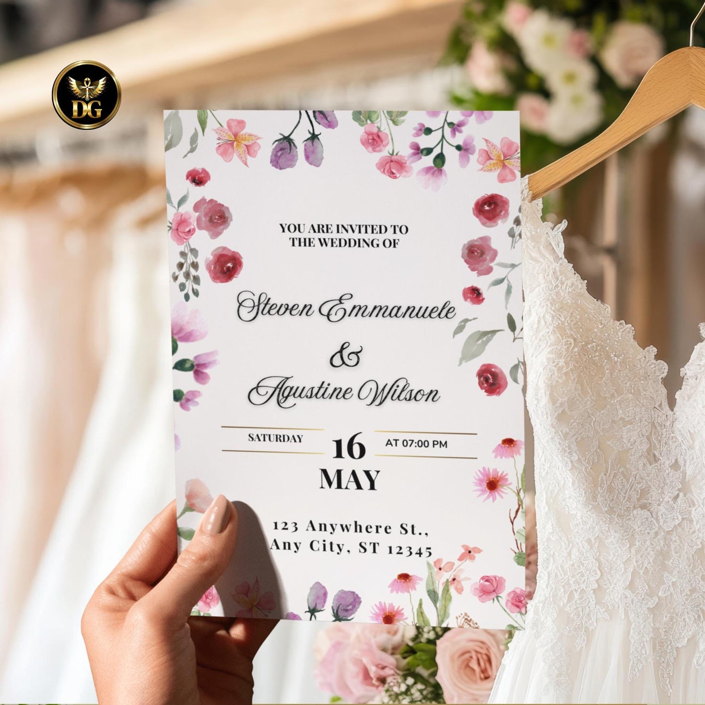 Watercolor Floral Wedding Invitation Set, 6 Card Bundle with Soft Gold Background | Elegant Printable Wedding Suite, RSVP, Menu, Details