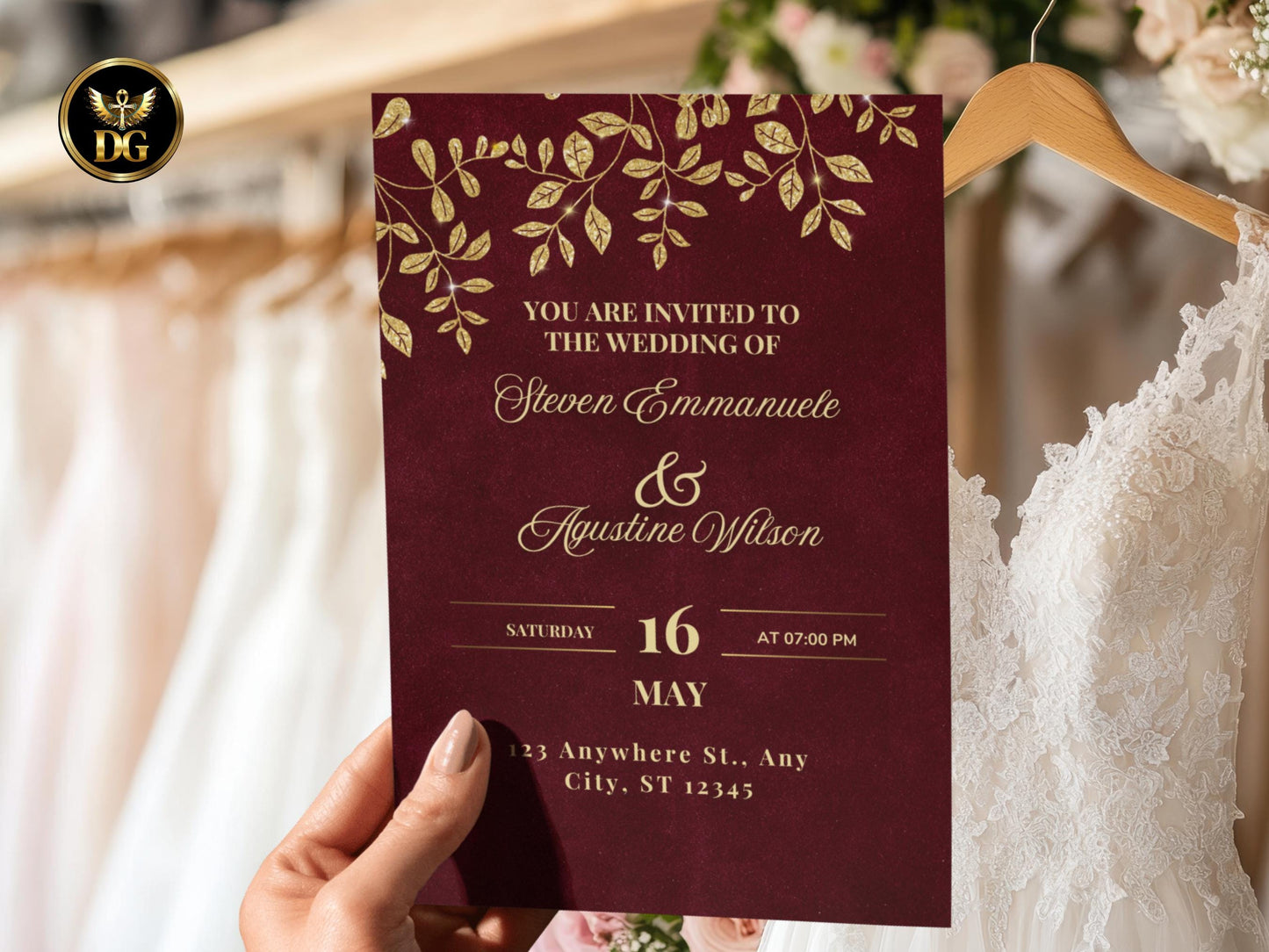 Elegant Burgundy Wedding Invitation with Gold Leaves | Luxury Printable Invite Set | Classic Red & Gold Wedding Card