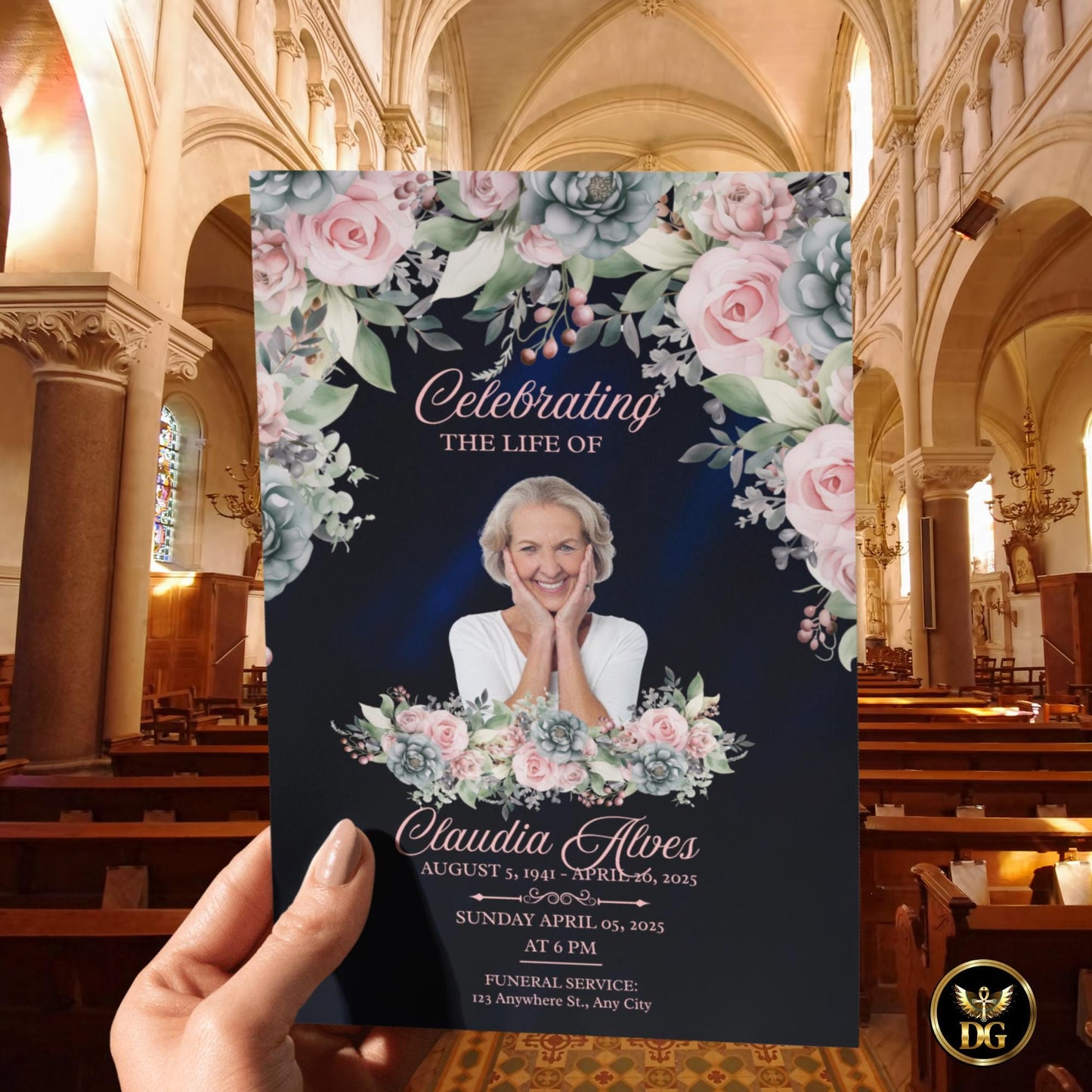 Navy Funeral Invitation with Pink Flowers | Memorial Service Invitation | Celebration of Life Printable Card