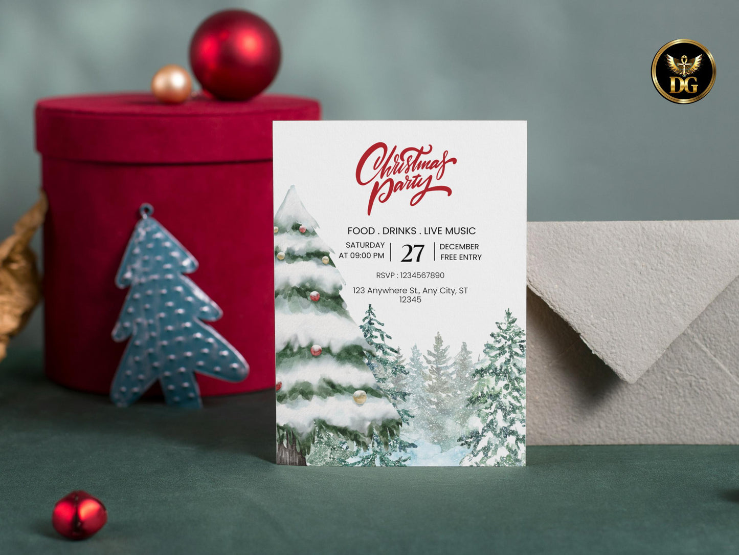 Christmas Party Invitation, Editable Canva Template, Snow Pine Holiday Invite, Printable Winter Card