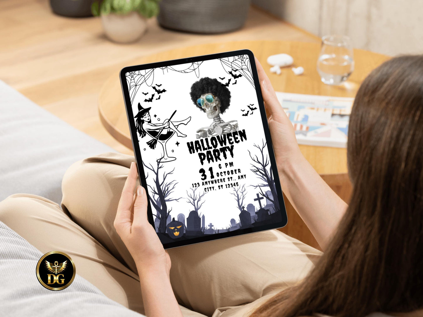 Spooky Halloween Party Invitation, Skeleton & Witch Design, Editable Canva Template, Dark Elegant Halloween Invite