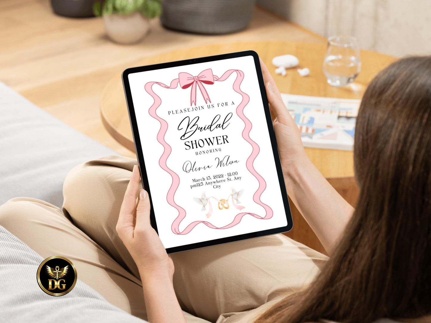 Elegant Wavy Ribbon Bridal Shower Invitation | Pink Bow Frame Set with RSVP & Details Cards | Feminine Minimalist Pre-Wedding Party Template