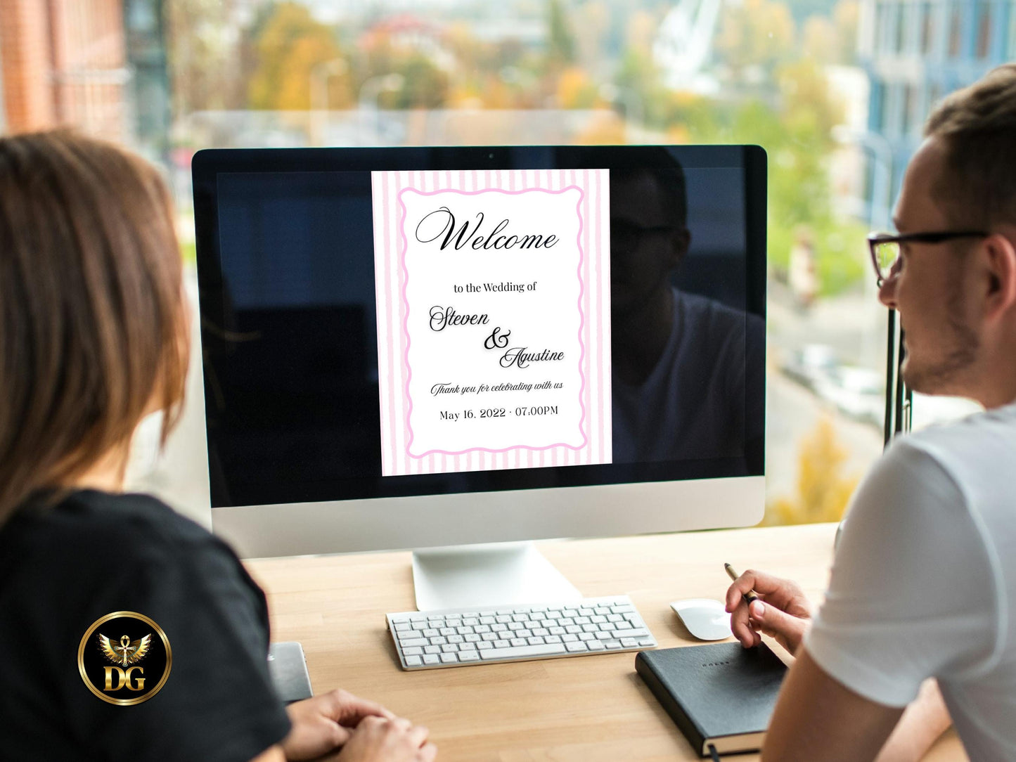 Pink Striped Wedding Welcome Sign – Modern Wave Label, Matching Wedding Invitation Set, Editable Canva Template, Instant Download