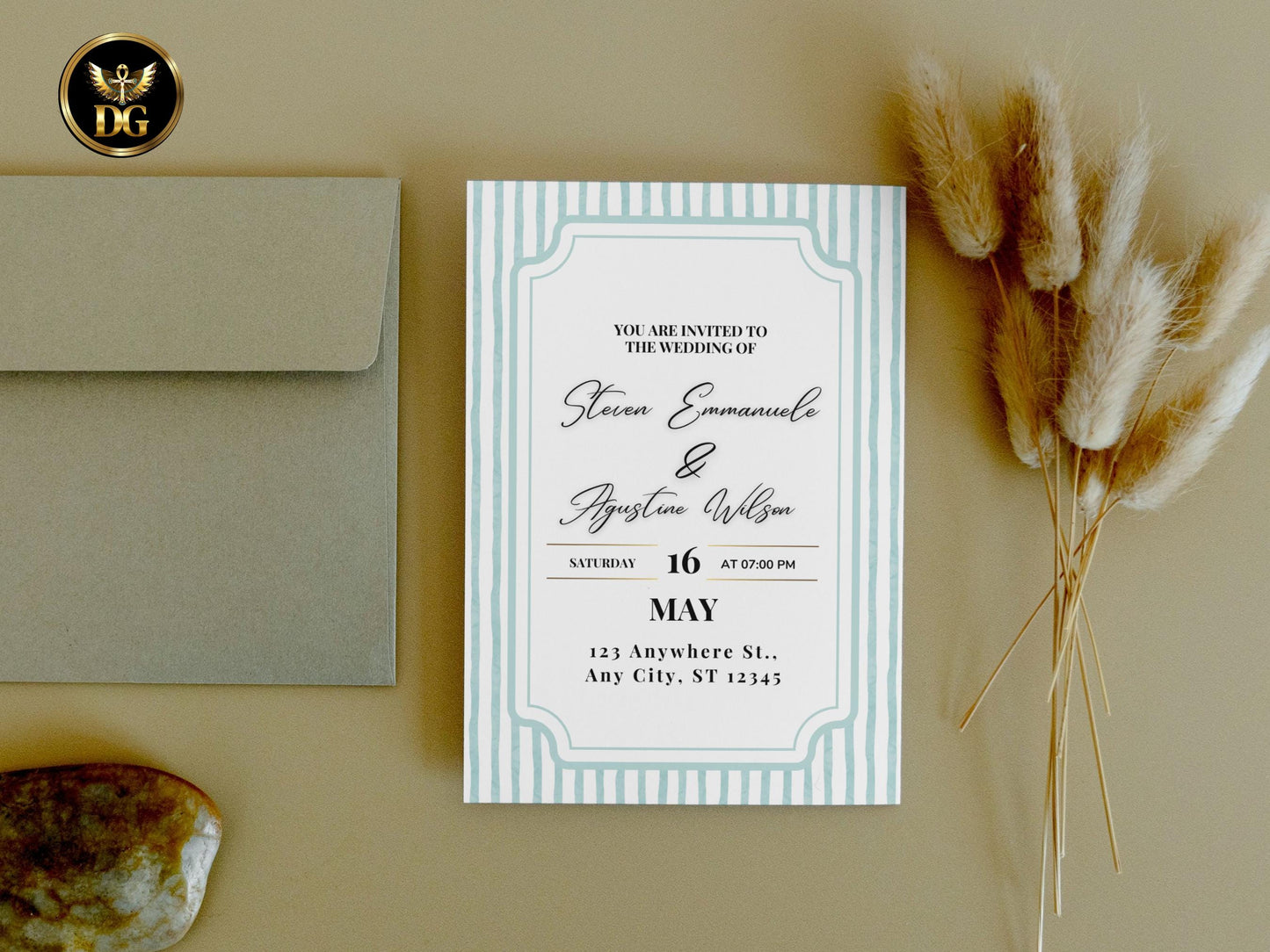 Striped Green Wedding Invitation | Light Green Elegant Wedding Suite | Editable Invitation, Details & RSVP