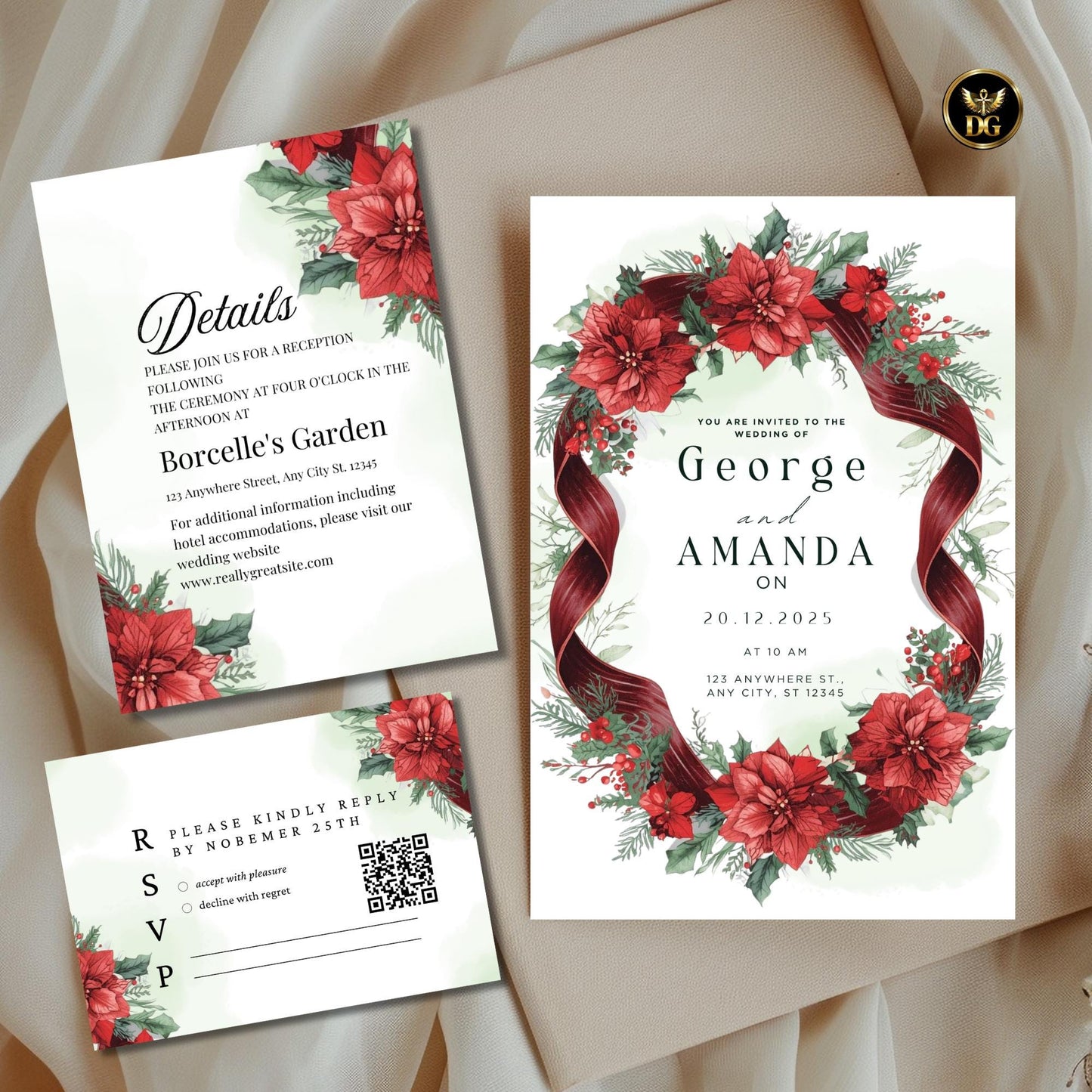 Festive Poinsettia Christmas Wedding Invitation Bundle – Editable 3-Card Suite with RSVP, Details, and Red Floral Gold Frame