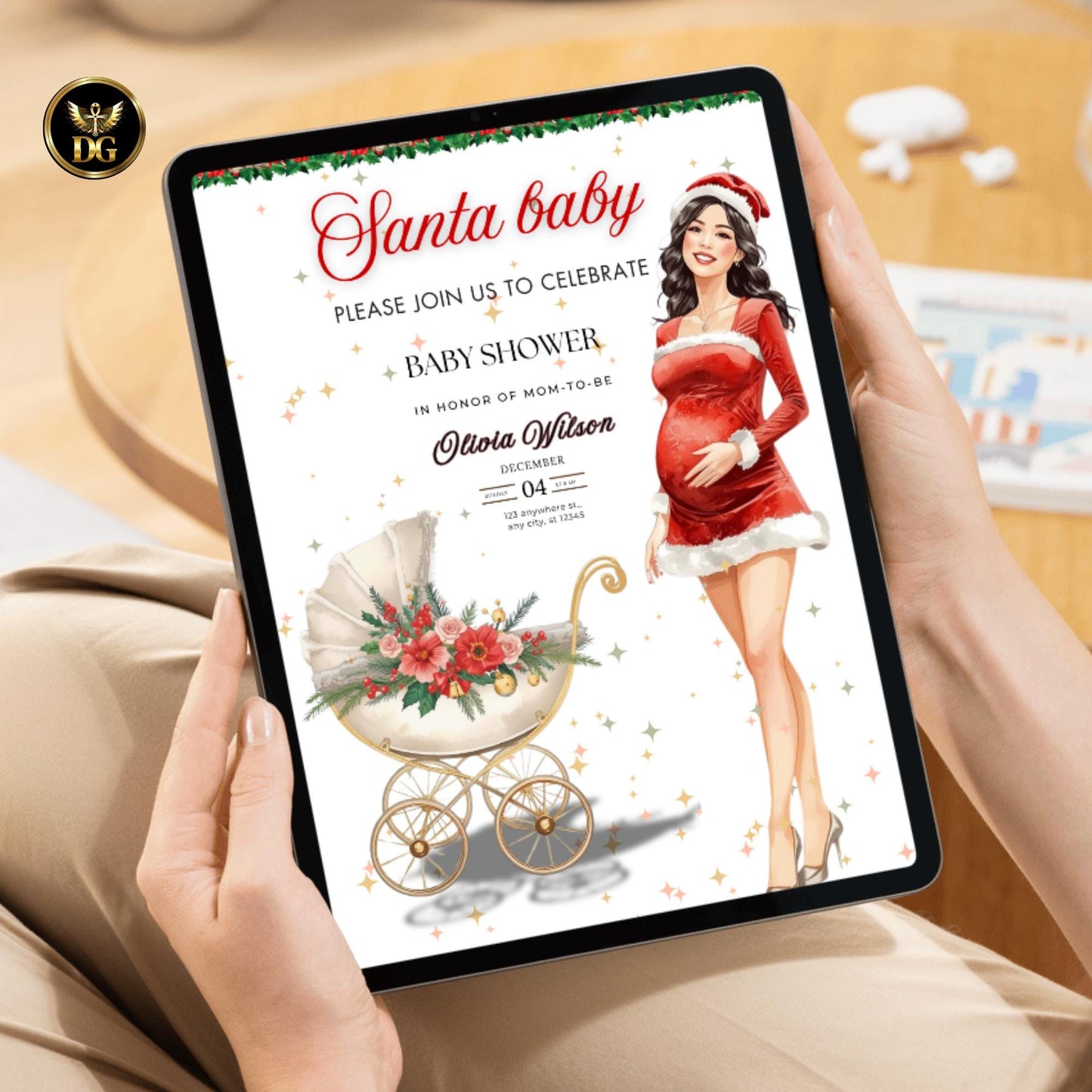 Modern Christmas Baby Shower Bundle Invitation, Thank You, Books for baby, Diaper with Cute Girl in Santa Dress, Gold Stars Floral Stroller