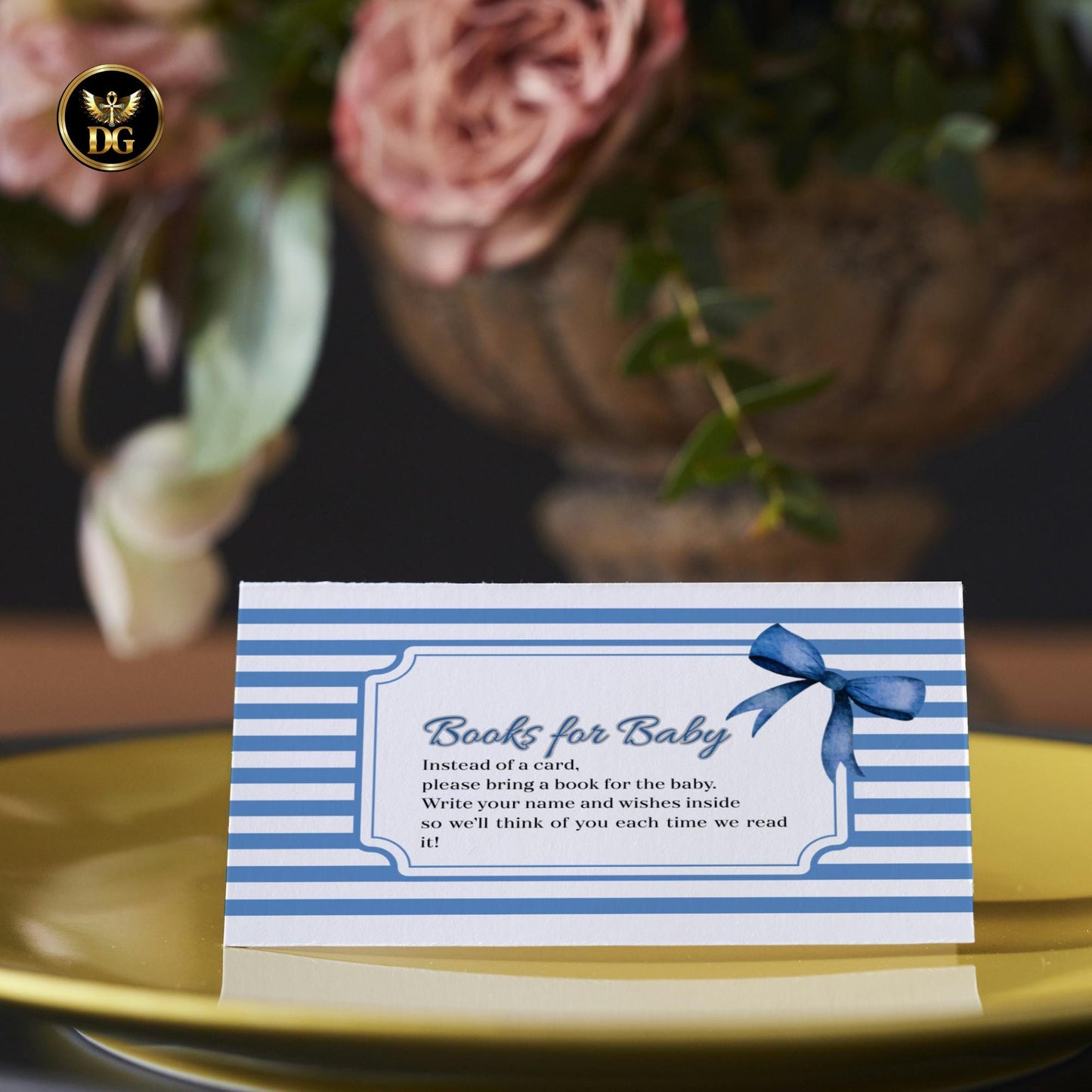 Blue Striped Baby Shower Invitation Set, Editable Canva Template, Boy Shower with Diaper Raffle & Booksfor Baby Card, Instant Download