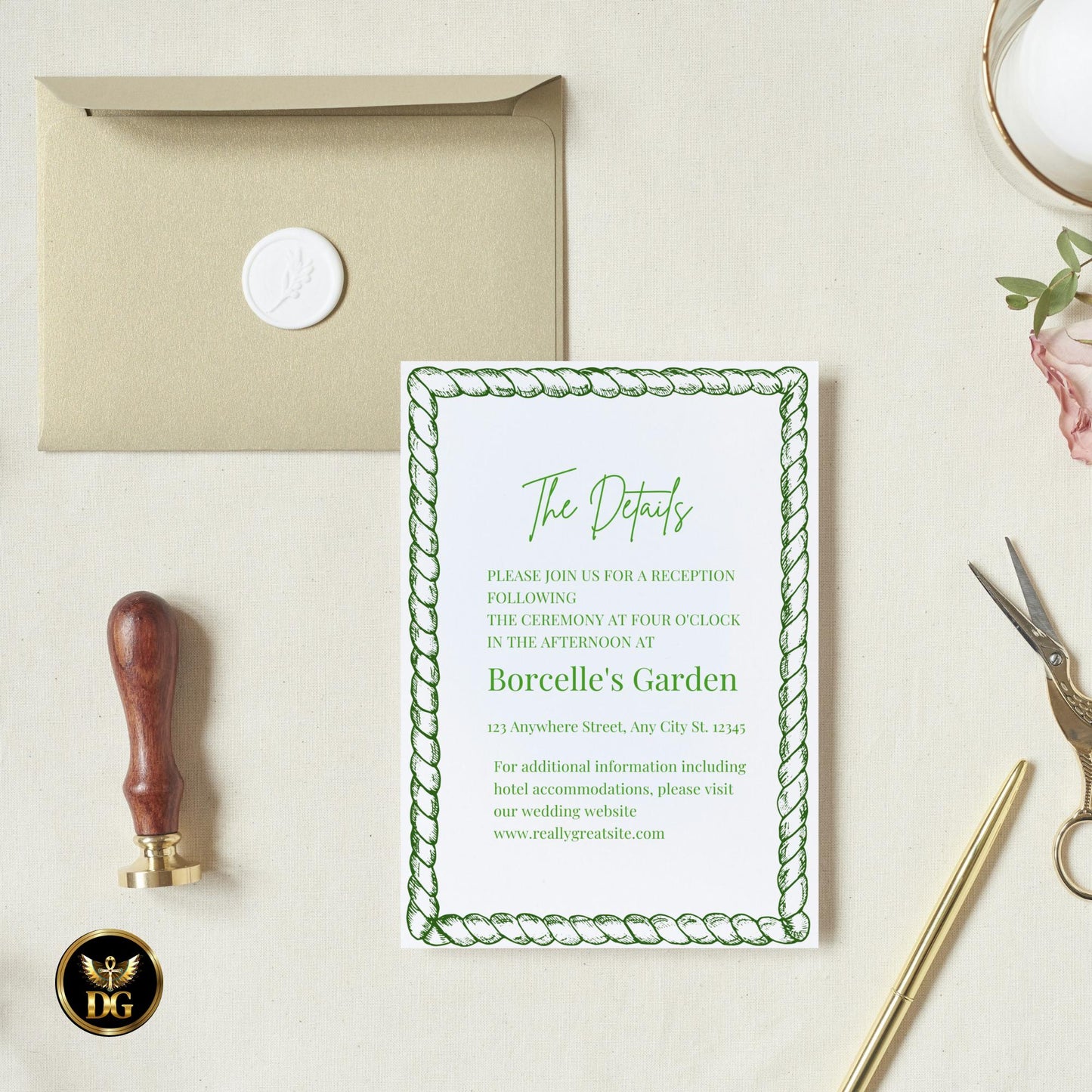 Green Striped Wedding Invitation Suite, Editable Canva Template, Classic Elegant Design, Printable Bundle with Menu, RSVP & Thank You Cards