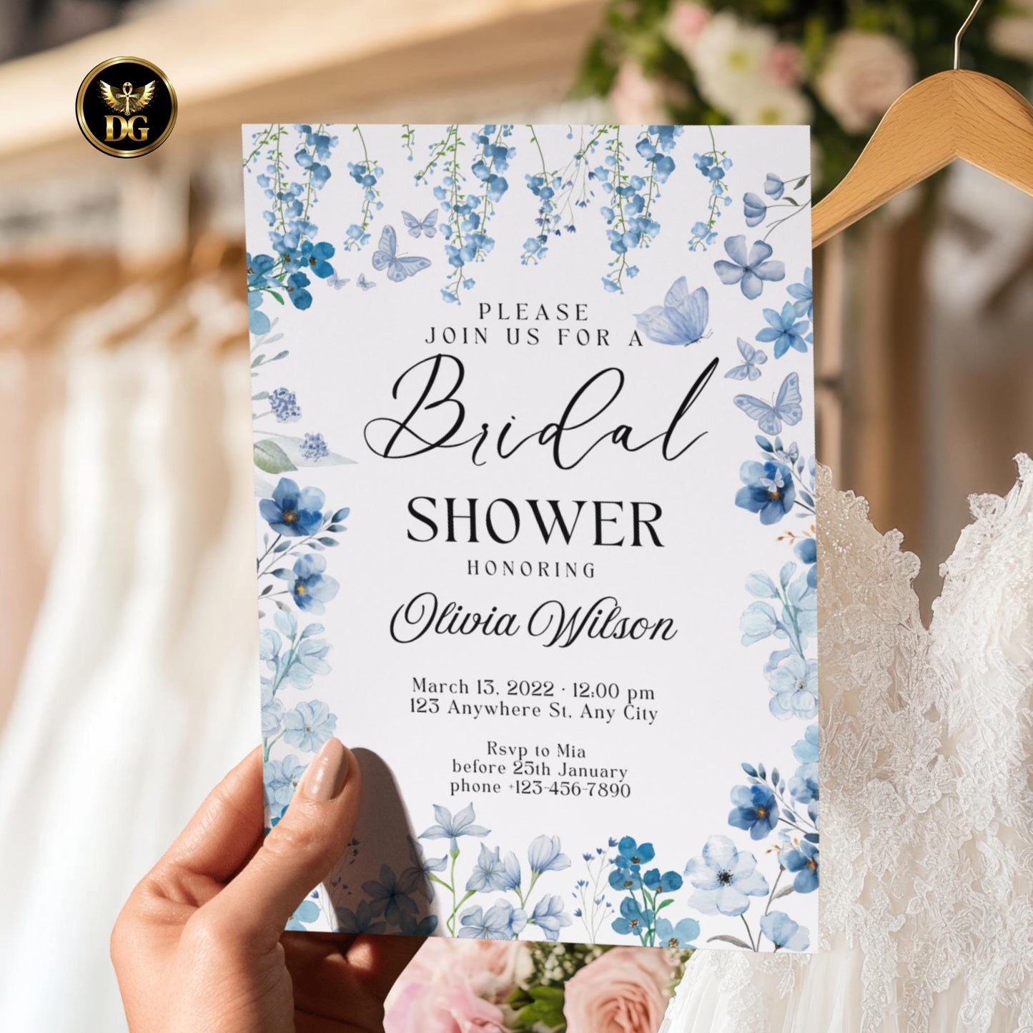 Blue Floral Bridal Shower Invitation Suite, Editable Canva Template, Watercolor Flowers, Elegant Printable Cards, Details &RSVP, Baby Shower