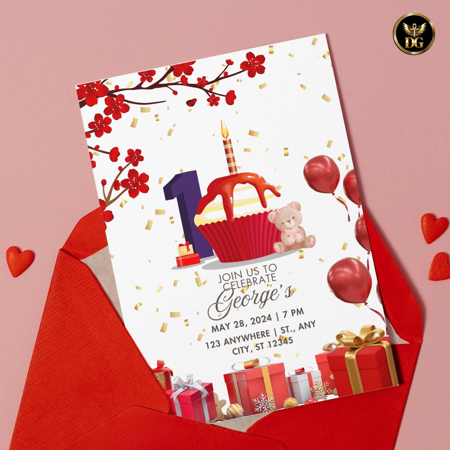 Editable Birthday Invitation Template Red and Gold Cupcake Design Canva Editable Kids Party Card First Birthday Printable Invite