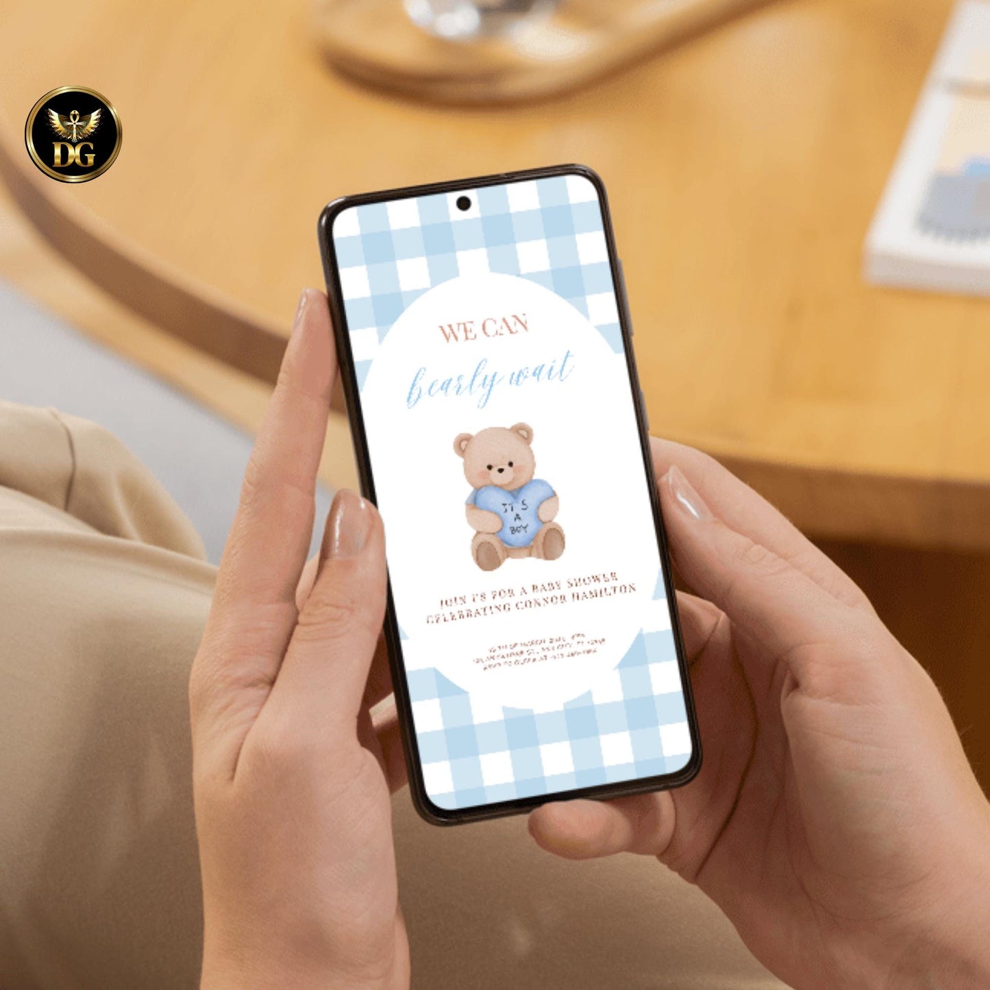 We Can Bearly Wait Baby Shower Invite Gingham Blue, Boho Teddy Bear Invitation, Minimalist Baby Shower Invite Bear Baby Sprinkle Baby Shower