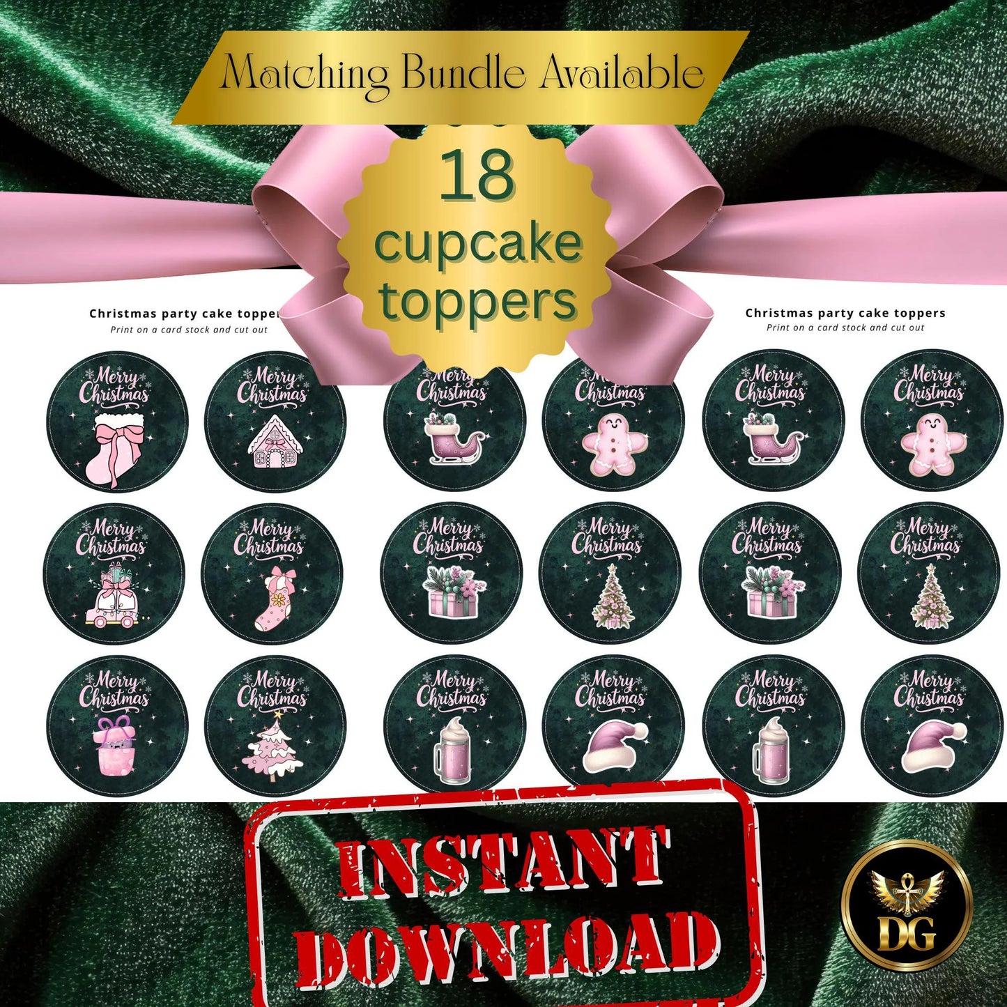 Emerald Green Velvet Christmas Invitation Set | Pink Gold Elegant Canva Template | Matching Tags & Cupcake Toppers