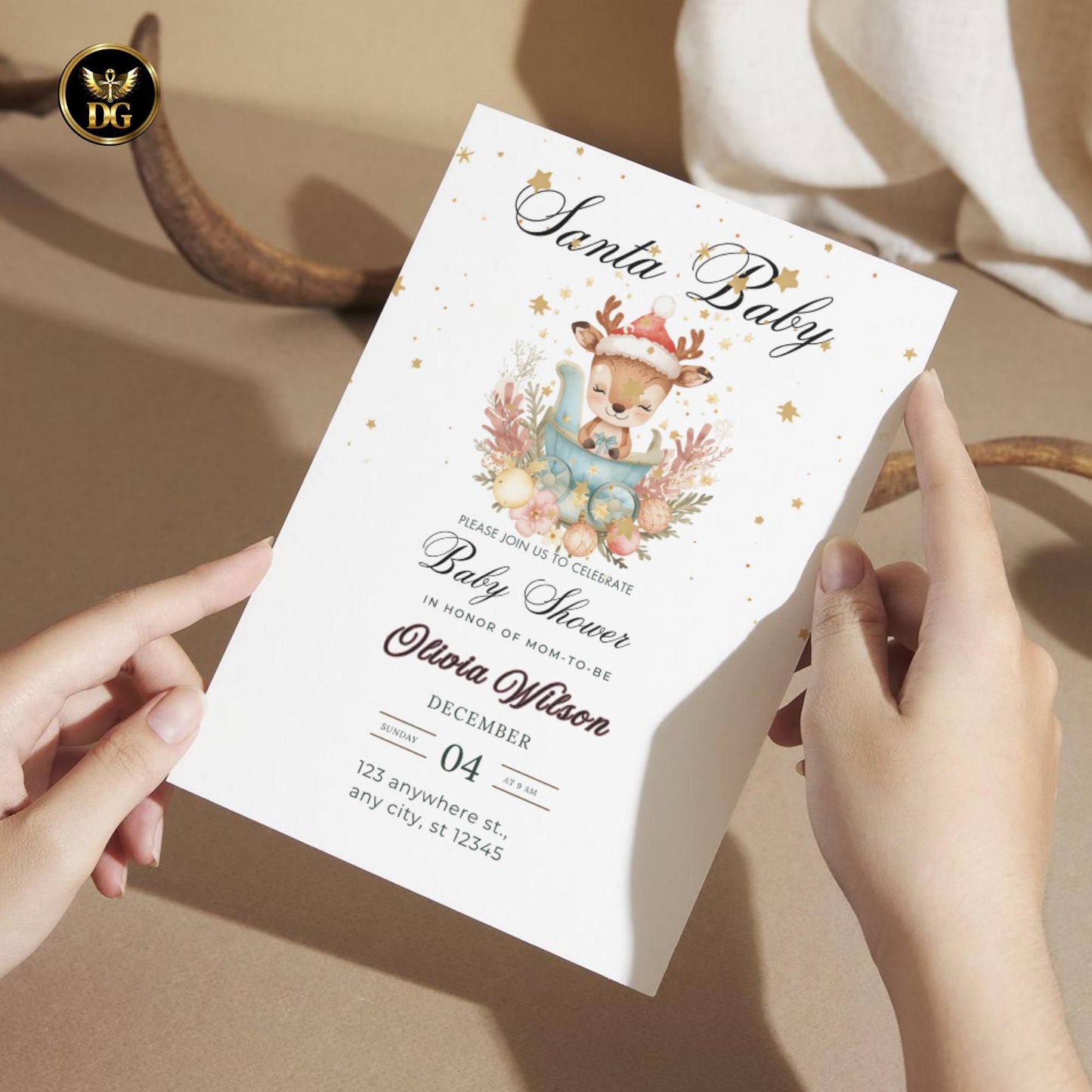 Christmas Baby Shower Invitation | Baby Reindeer in Sleigh | Editable Canva Template for Print & Digital