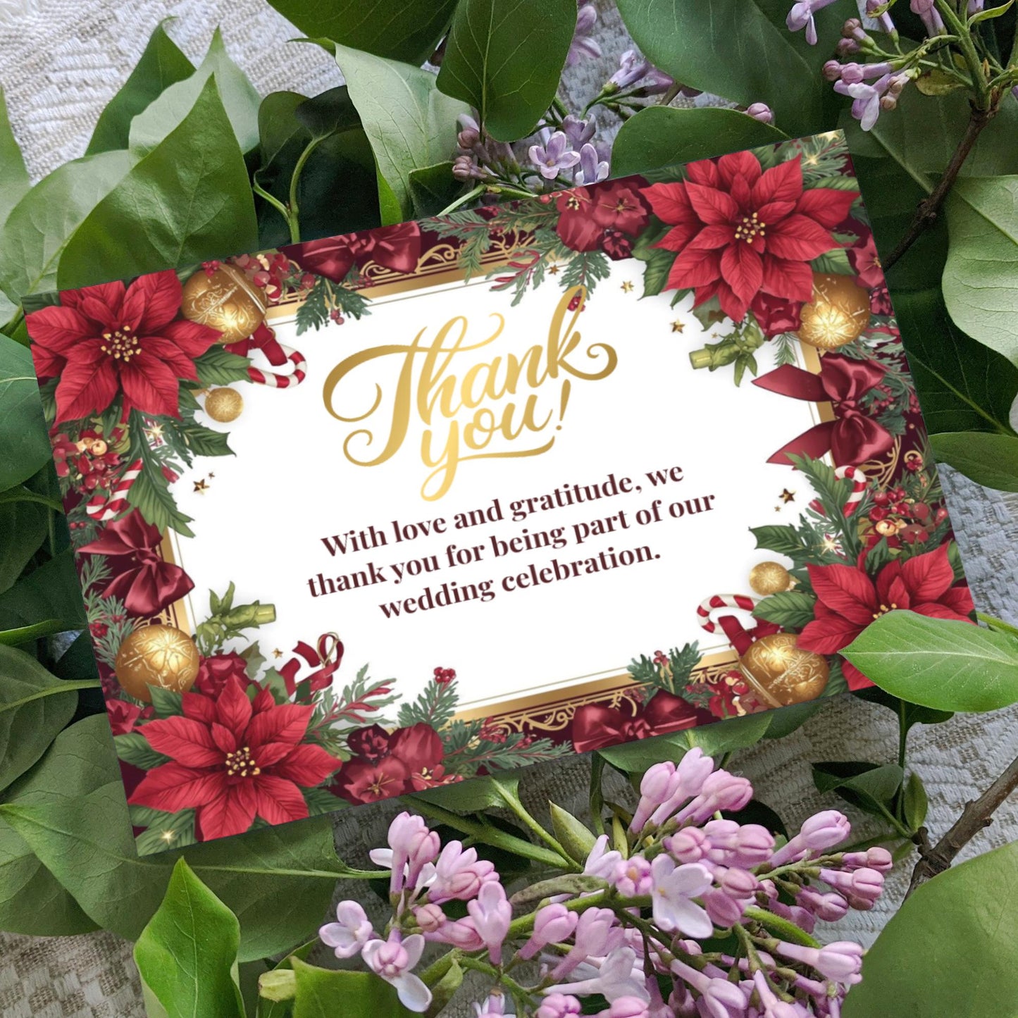 Elegant White Red Christmas Wedding Invitation Set | Luxury Canva Template with Gold Details, Menu, RSVP, Details & Thank You Cards