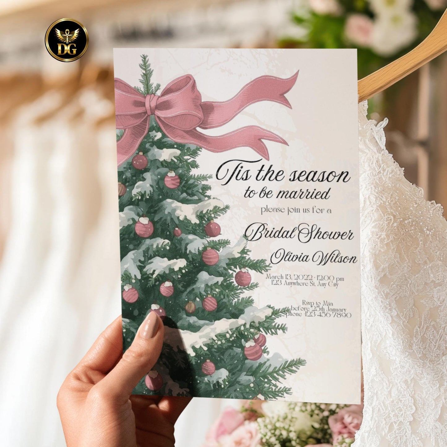 Tis The Season To Be Married Bridal Shower Invitation | Elegant Christmas Tree with Bow | Beige & Gold Canva Template