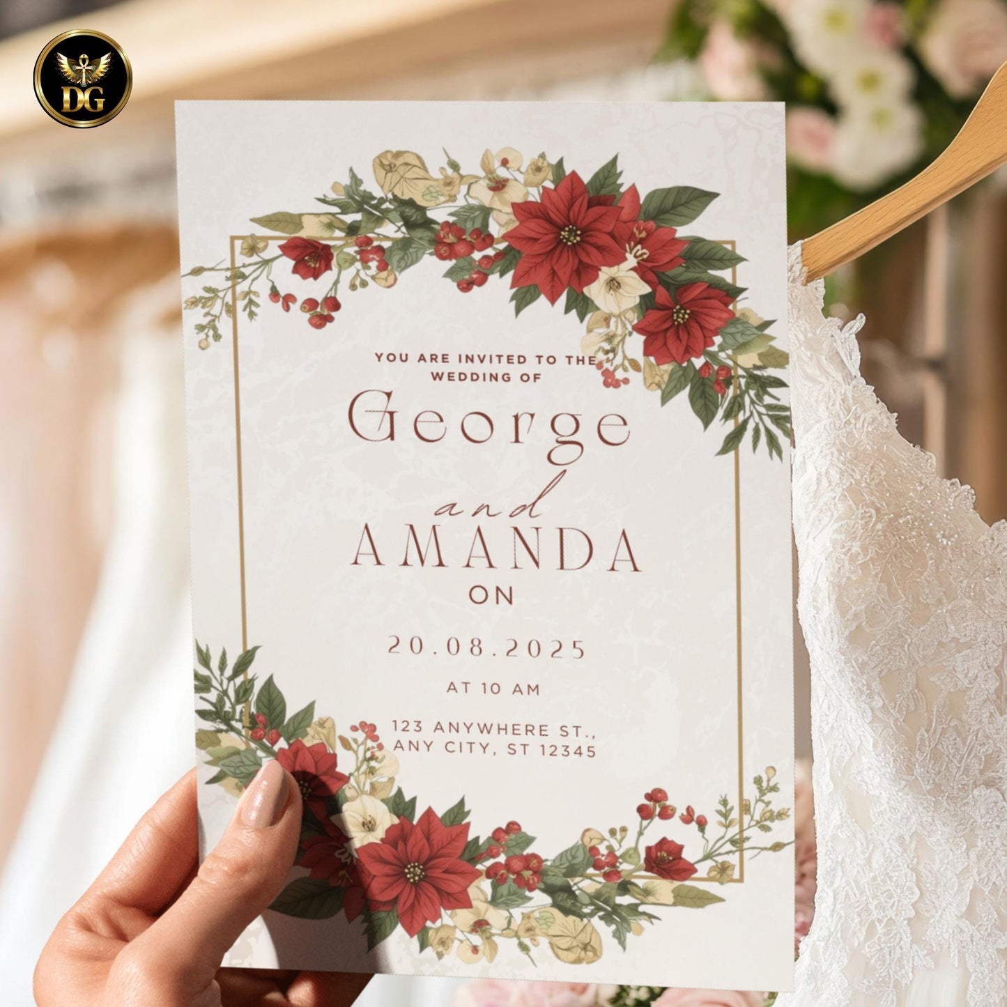 Luxurious 7-Card Wedding Invitation Bundle with Editable Bride Groom Card RSVP Thank You Details Menu and Christmas Floral Gold Frame Design