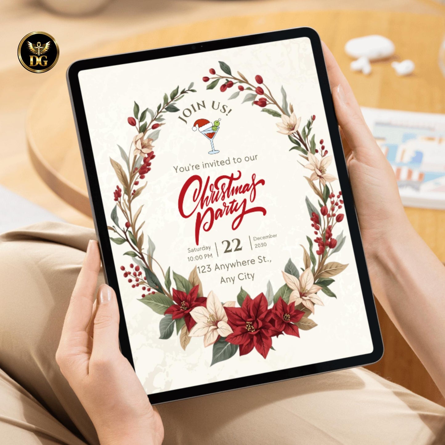 Christmas Party Digital Templates - Cream Gold Poinsettia Invitation, RSVP, Details, Menu, Thank You
