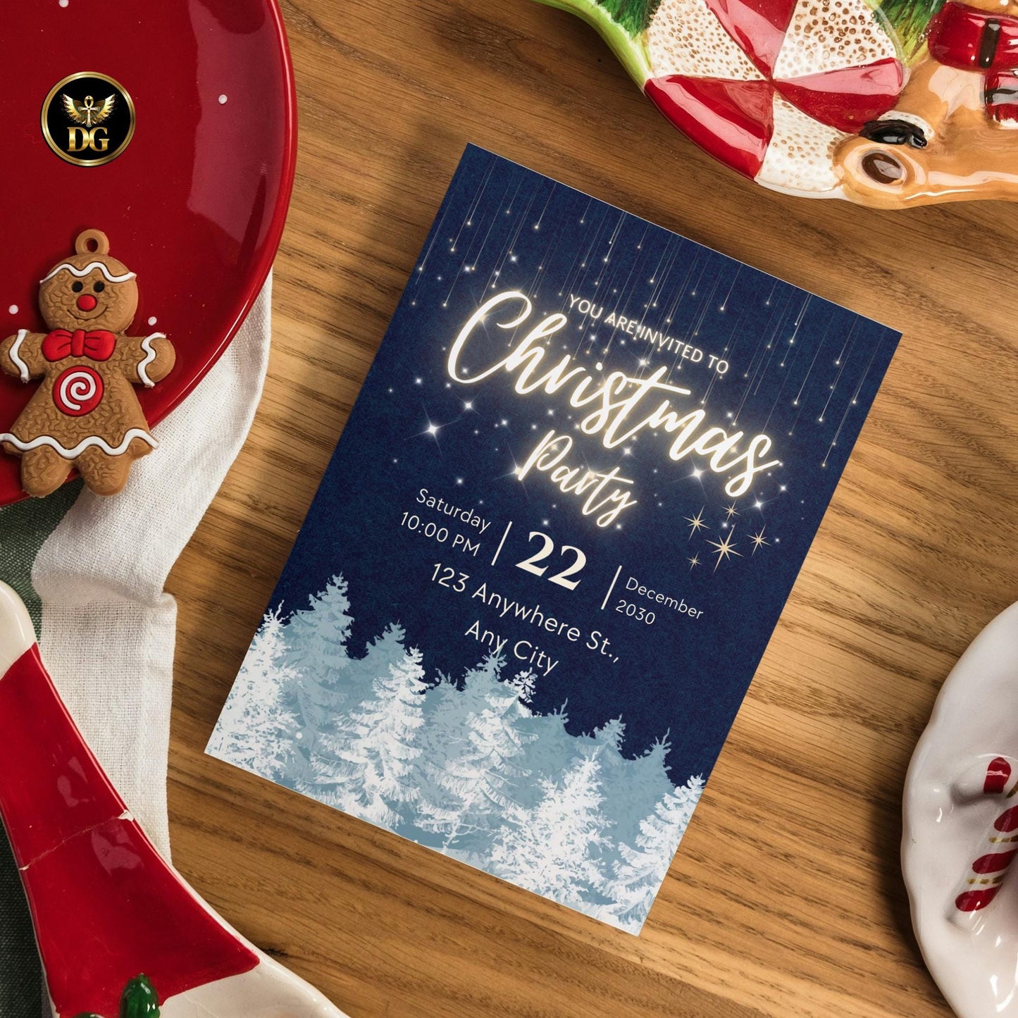 Elegant Christmas Party Invitation | Blue & Gold Holiday Invite | Winter Night Sky | Editable Digital Template